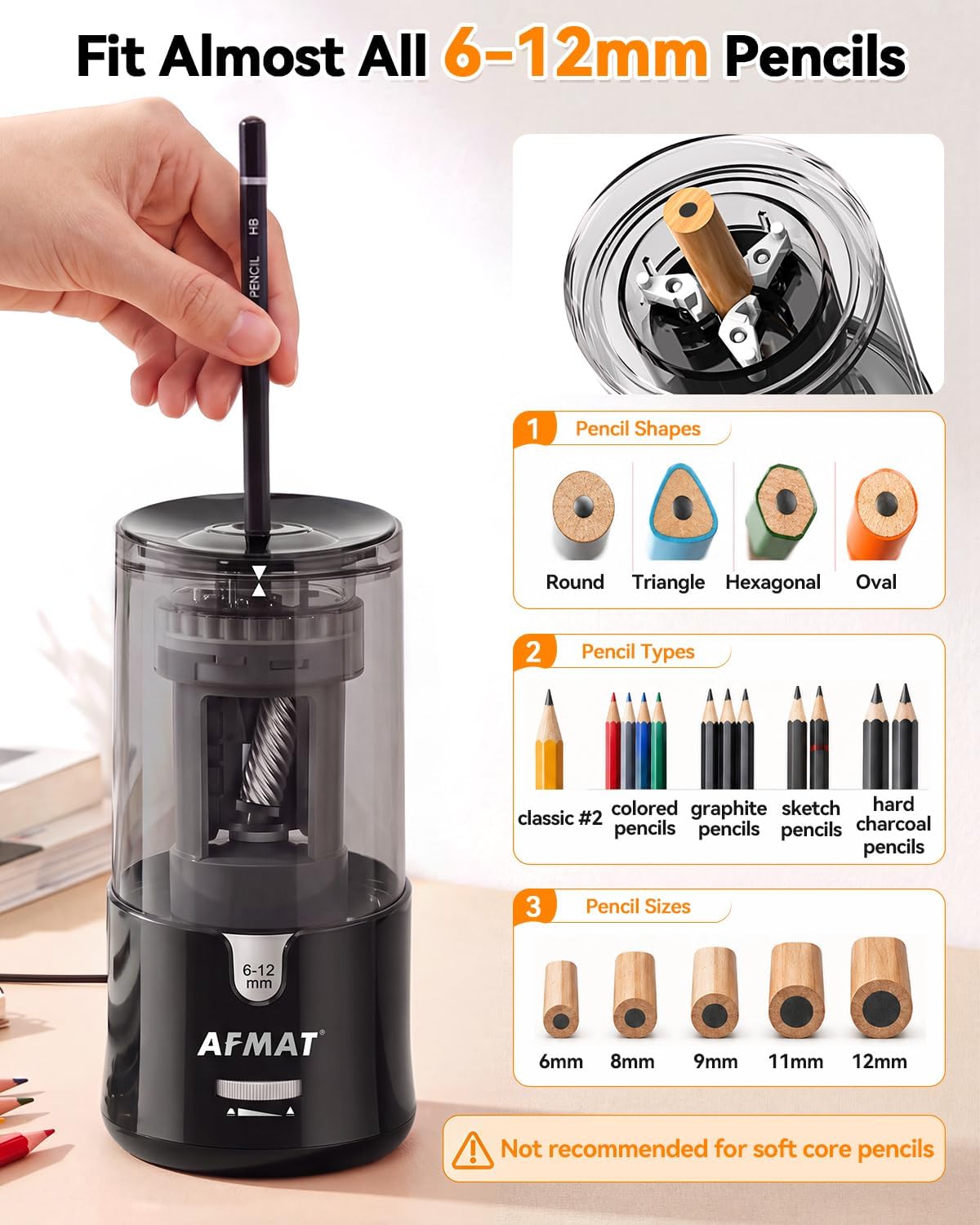 Detalle de AFMAT PS92 Electric Pencil Sharpener for 6–12 mm Pencils, Auto-Stop