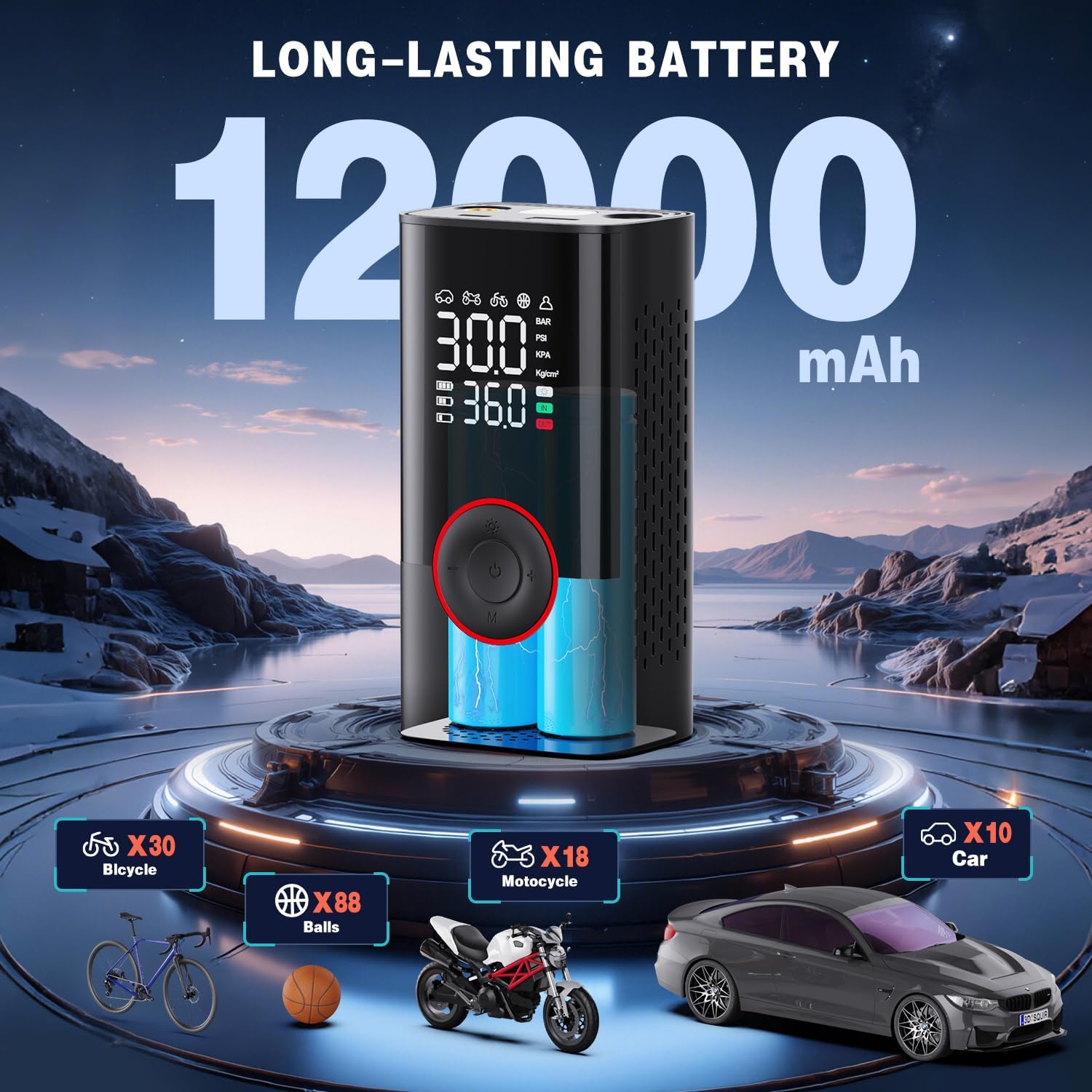 Thumbnail 1 de Tyre Inflator Air Compressor – Portable Cordless Mini Air Pump with Digital Pressure Gauge (150PSI)