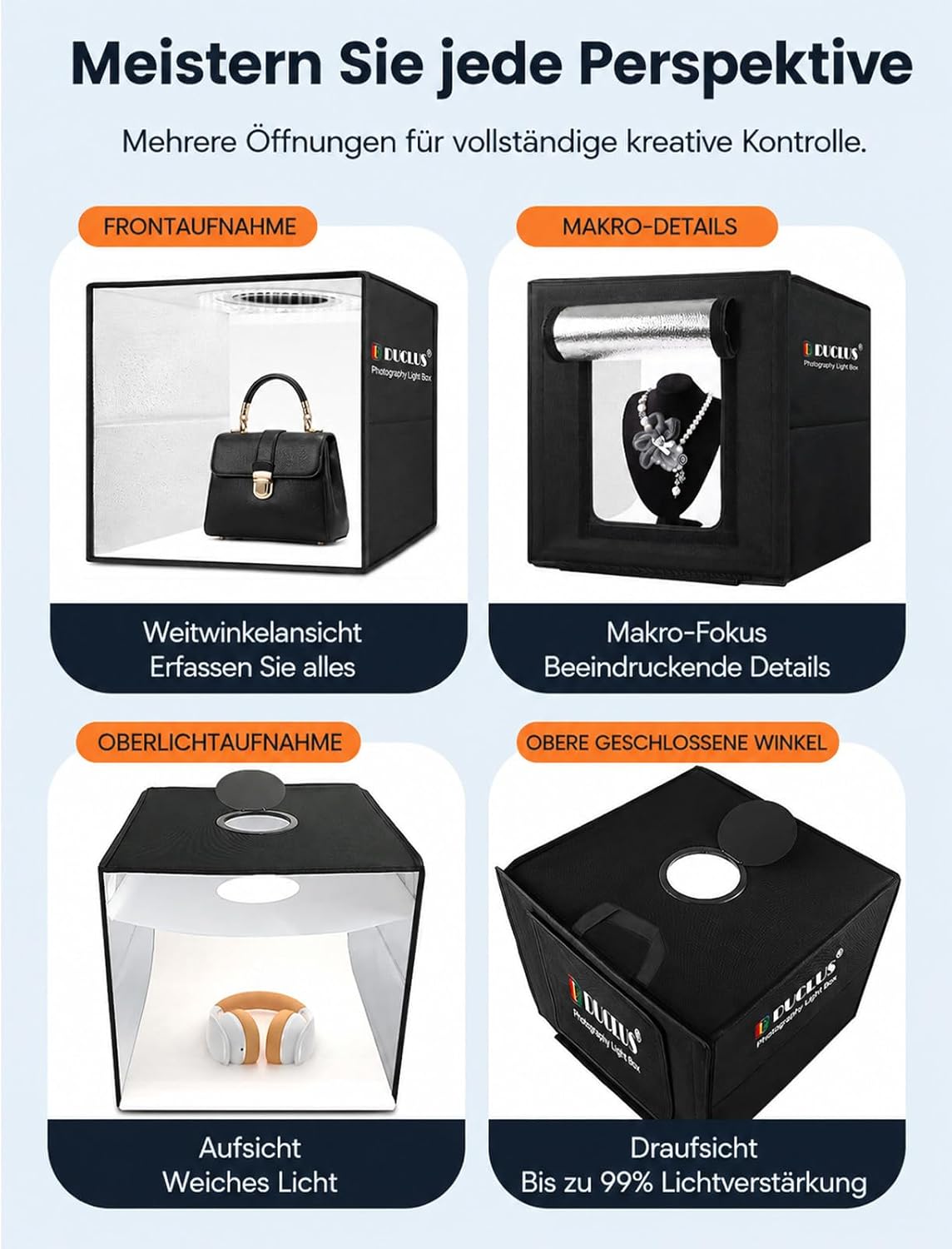 Detalle 1 de DUCLUS Fotobox 40×40 cm Fotostudio mit 160 LEDs