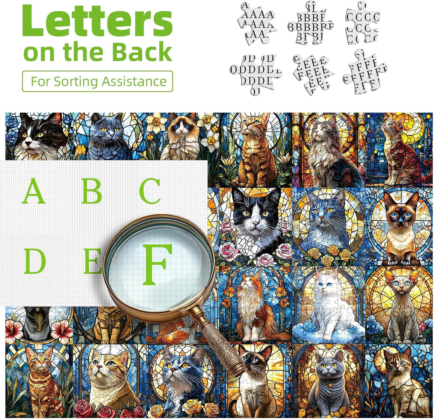 Detalle de Blueforest 1000-piece Puzzle Stained Glass Cats 🧩