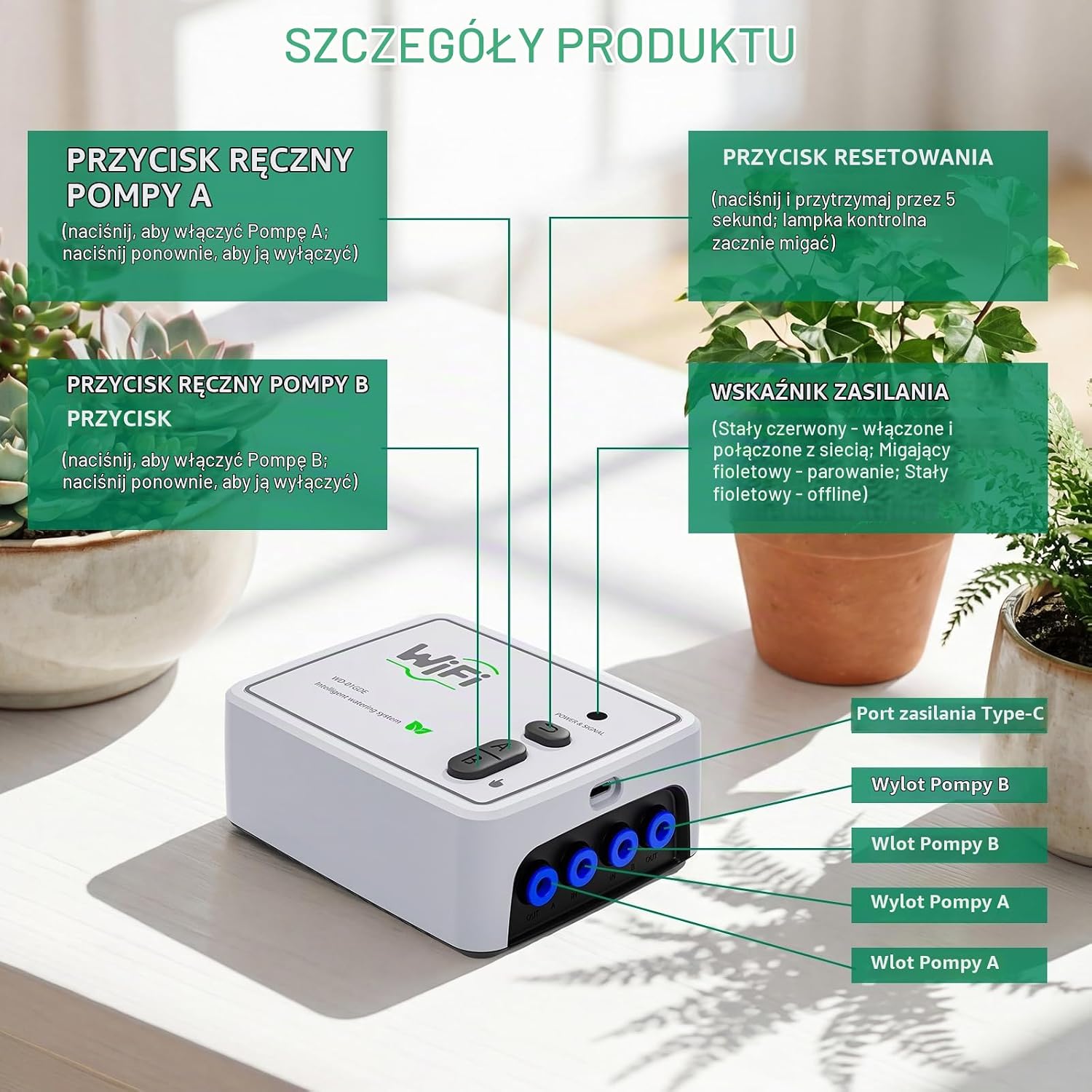 Detalle de PUGTOW – automatyczny system nawadniania Wi-Fi z podwójną pompą do 20 roślin