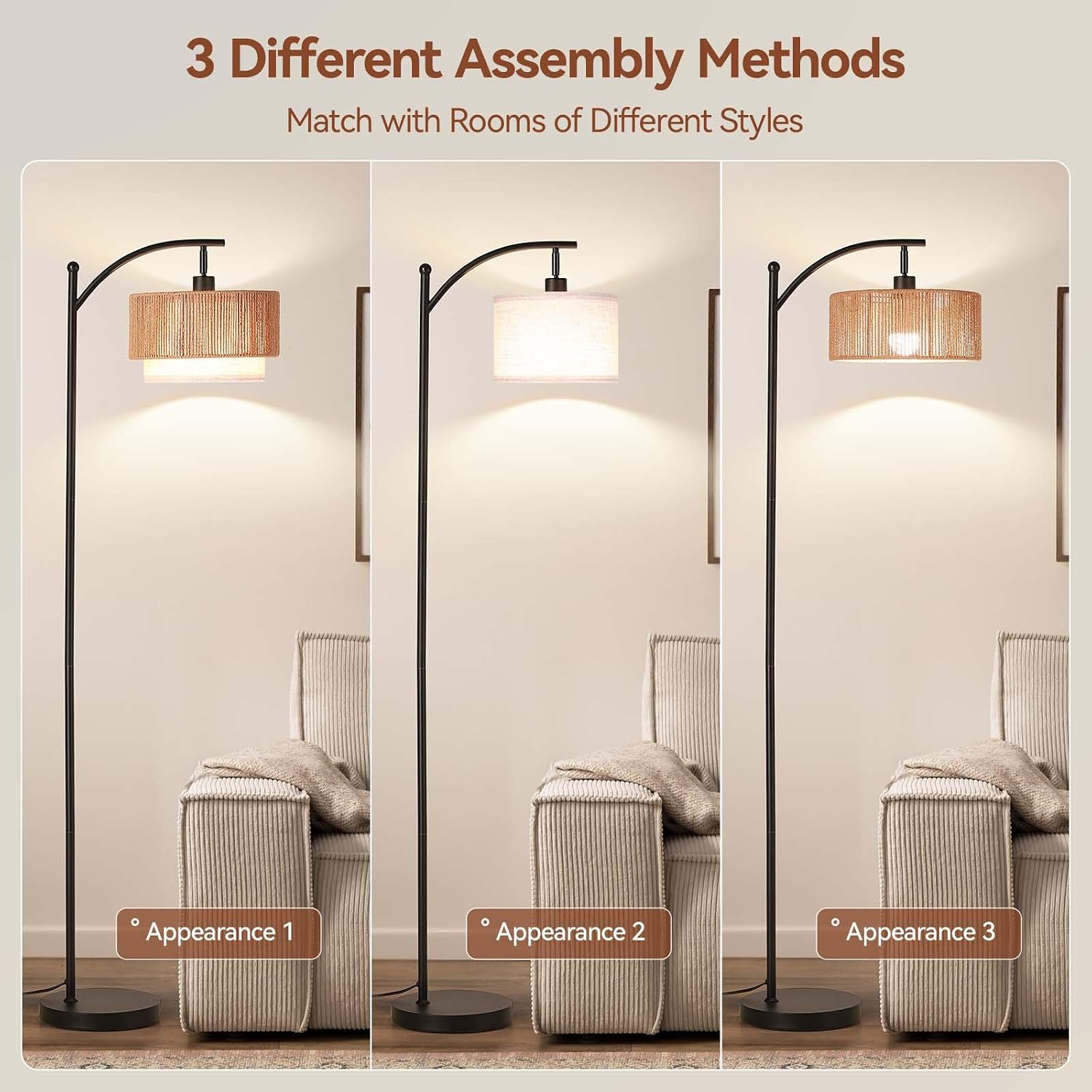 Detalle 2 de SUNMORY SR000149 Arc Floor Lamp with Rattan Shade and 3-Color LED Bulb