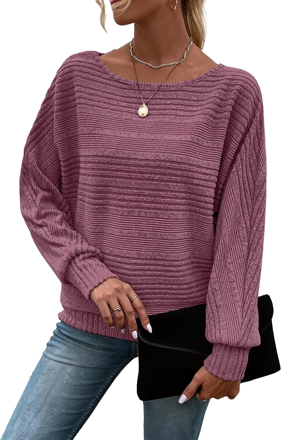 Detalle de RICHSTORY Women's Tunic Sweater, Crew Neck Batwing Sleeves, Lightweight Knit