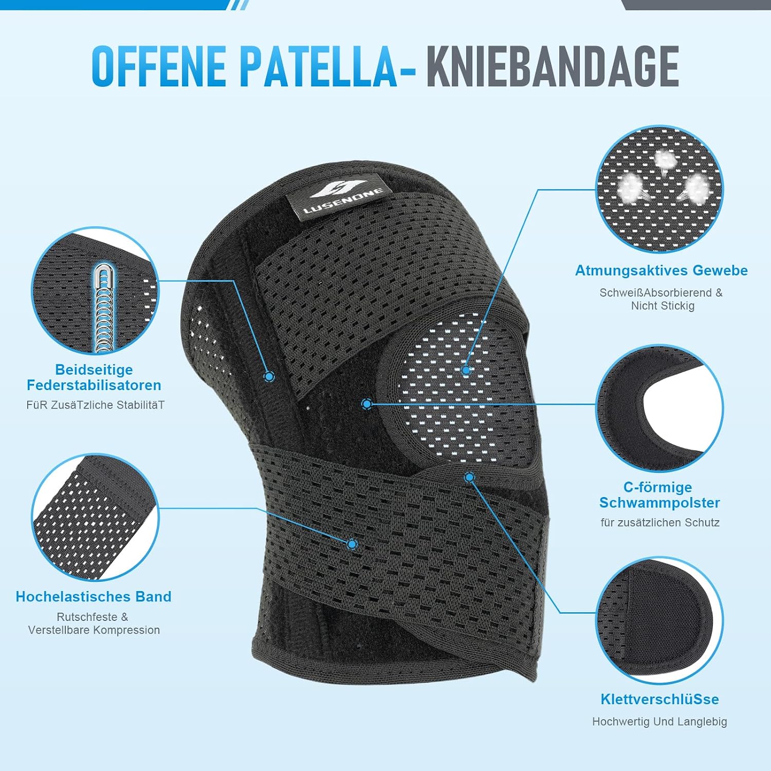 Detalle de Lusenone Kniebandage für Damen & Herren – Verstellbare Kniestütze mit Seitenstabilisatoren