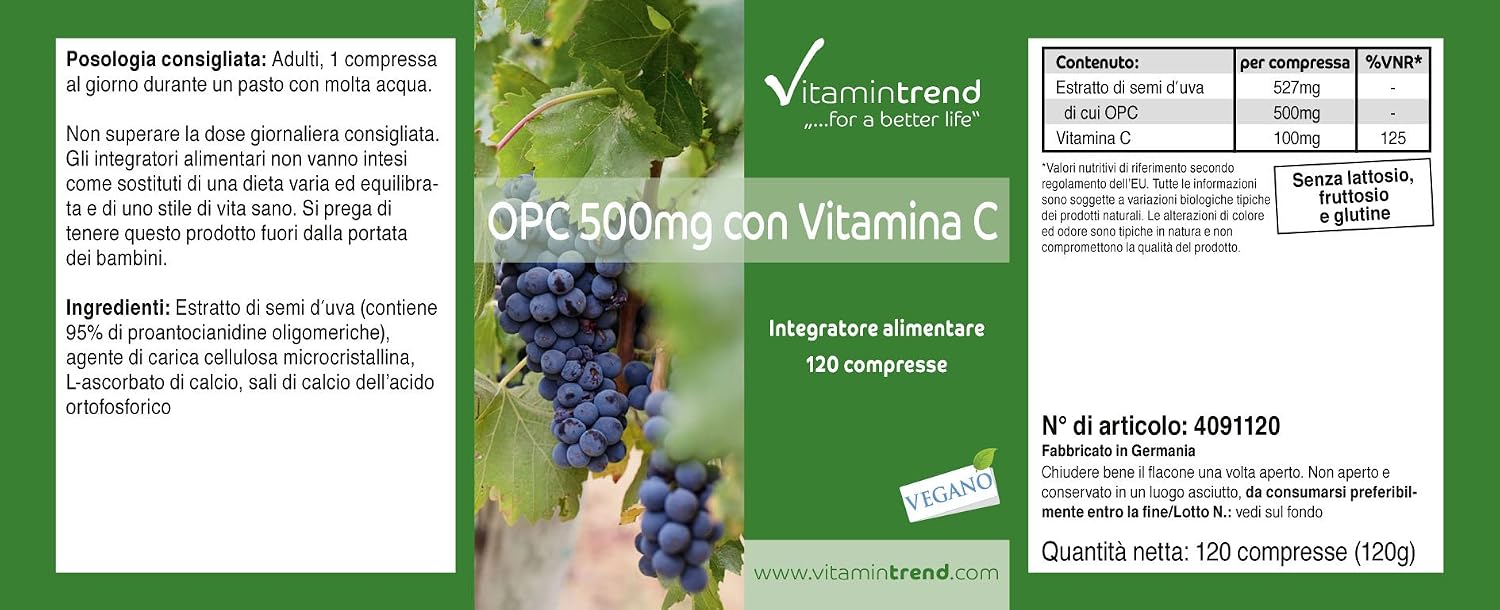 Detalle de Vitamintrend OPC 500 mg mit Vitamin C – Traubenkernextrakt, 120 Tabletten, vegan, hergestellt in Deutschland