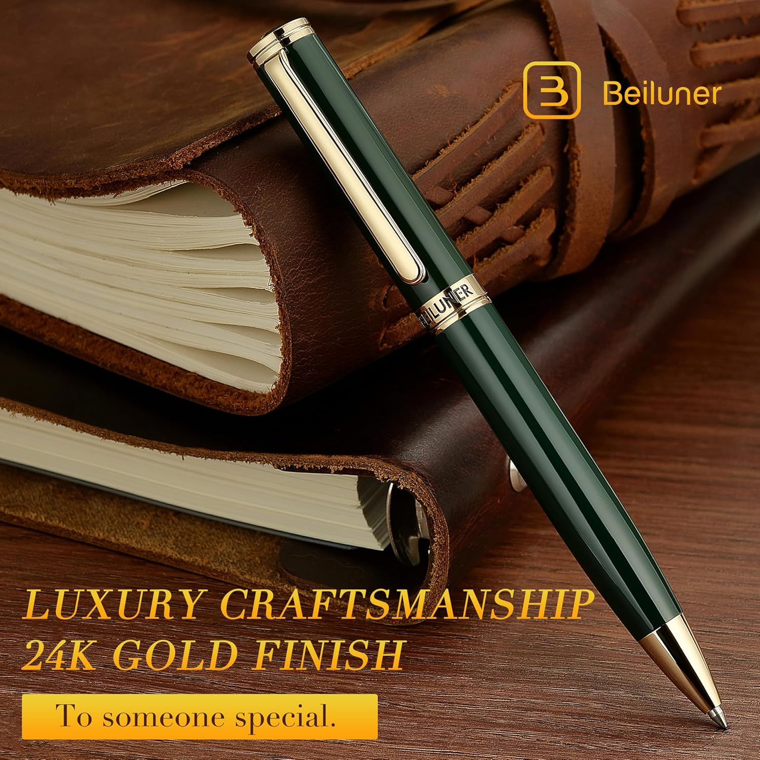 Detalle de BEILUNER Penna a gel lusso con finitura oro 24K e lacca verde piano (set regalo retrattile)