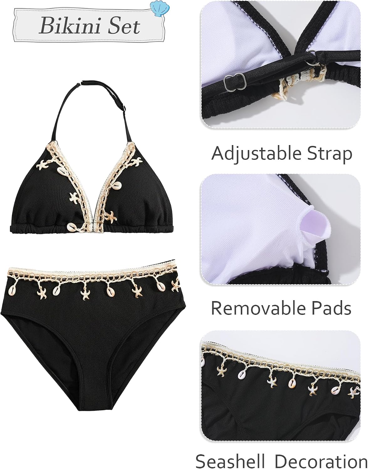 Detalle 2 de Girls 3 Piece Ribbed Bikini Set with Chest Pad, Backless Halter Neck Triangle Swimsuit and Beach Skirt – 8-12 Years