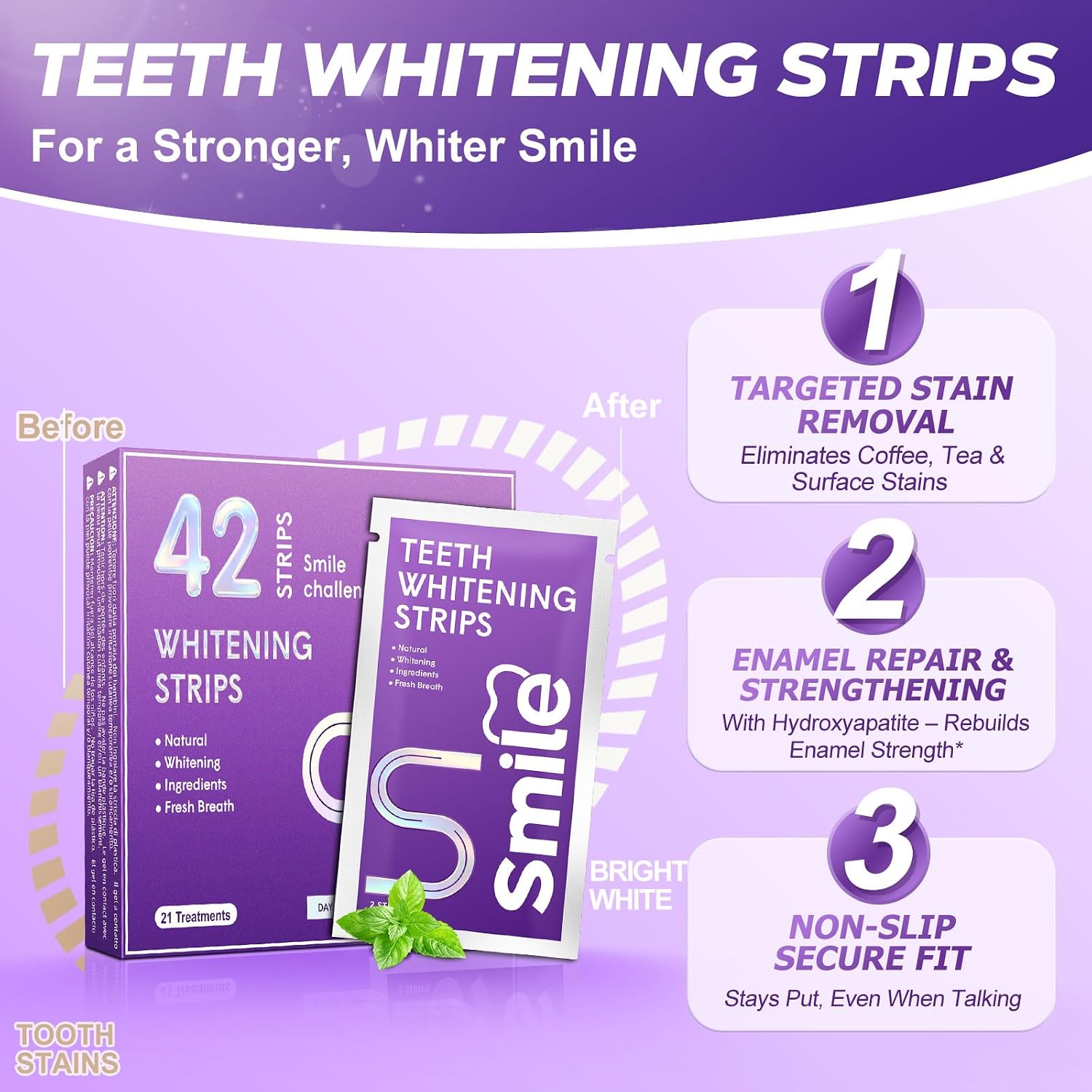 Detalle de Pdoo Purple Teeth Whitening Strips, 42 Count