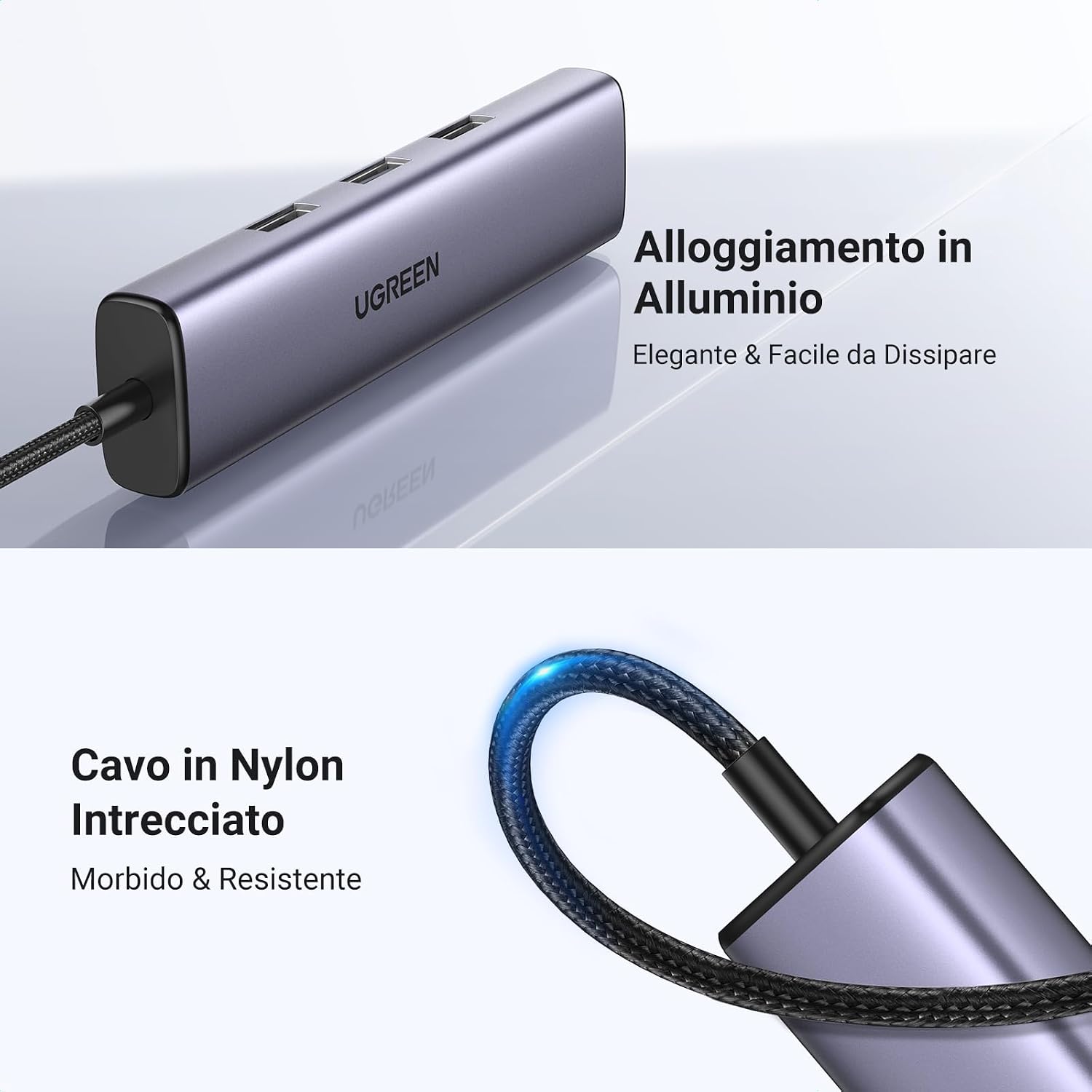 Detalle de UGREEN Hub USB C Ethernet 4-in-1: Ethernet Gigabit + 3 porte USB-A per MacBook, iPhone e dispositivi Android