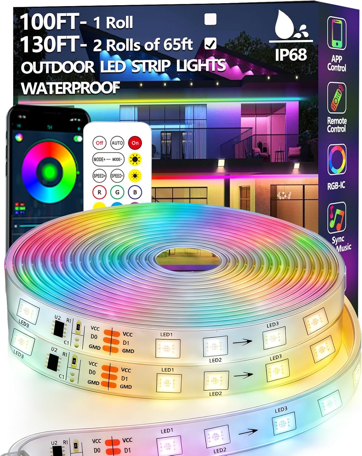 Thumbnail 6 de httpsmp 50FT Outdoor LED Strip Light with IP68 Waterproofing, RGB+IC, App & RF Remote, Music Sync