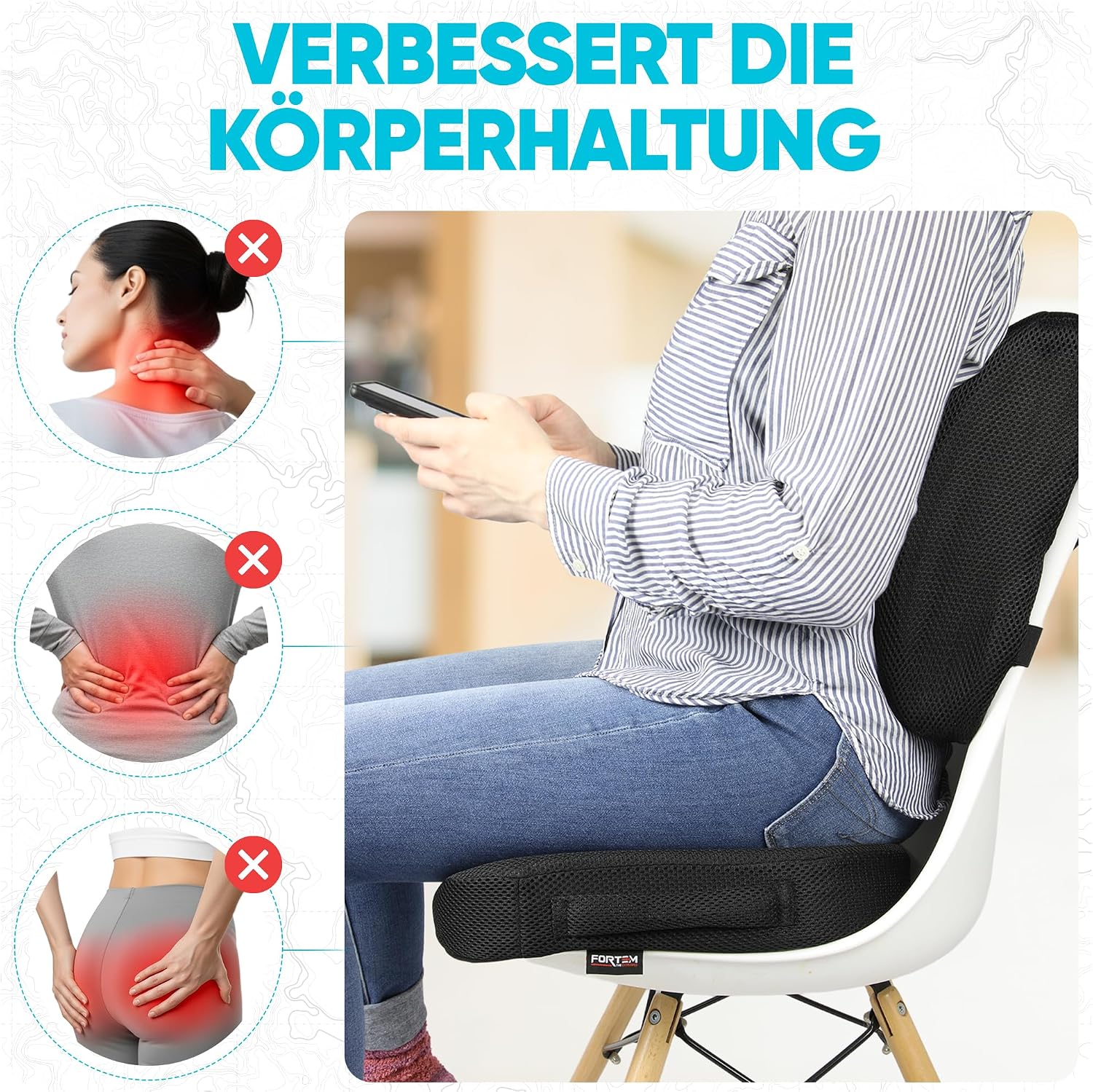 Detalle de FORTEM XL Sitzkissen & Lendenkissen mit Memory-Schaum für Bürostuhl und Auto