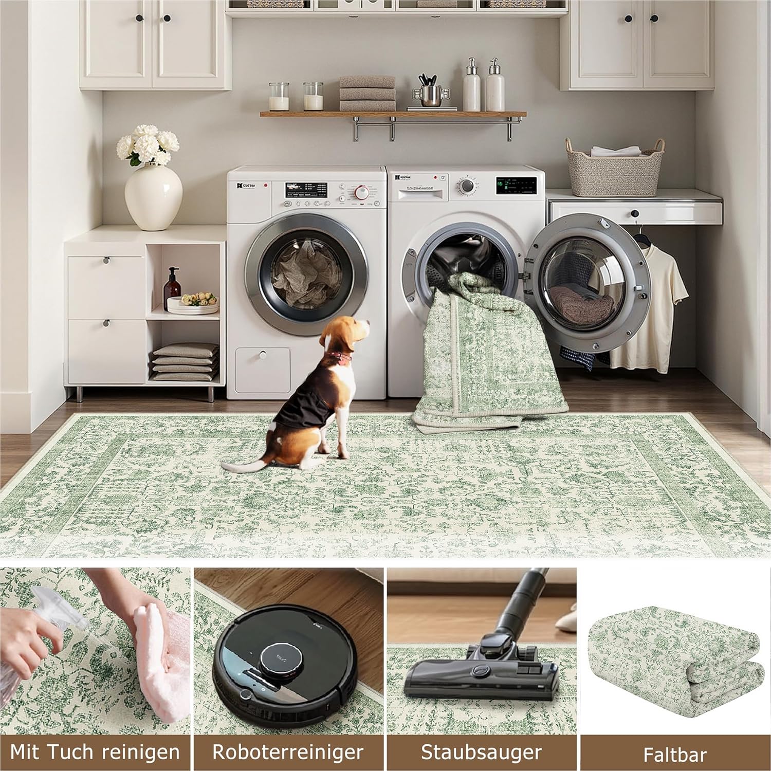 Thumbnail 3 de HUGEAR Vintage Green Washable Non-Slip Rug (240x300cm) for Living Room, Bedroom & Office