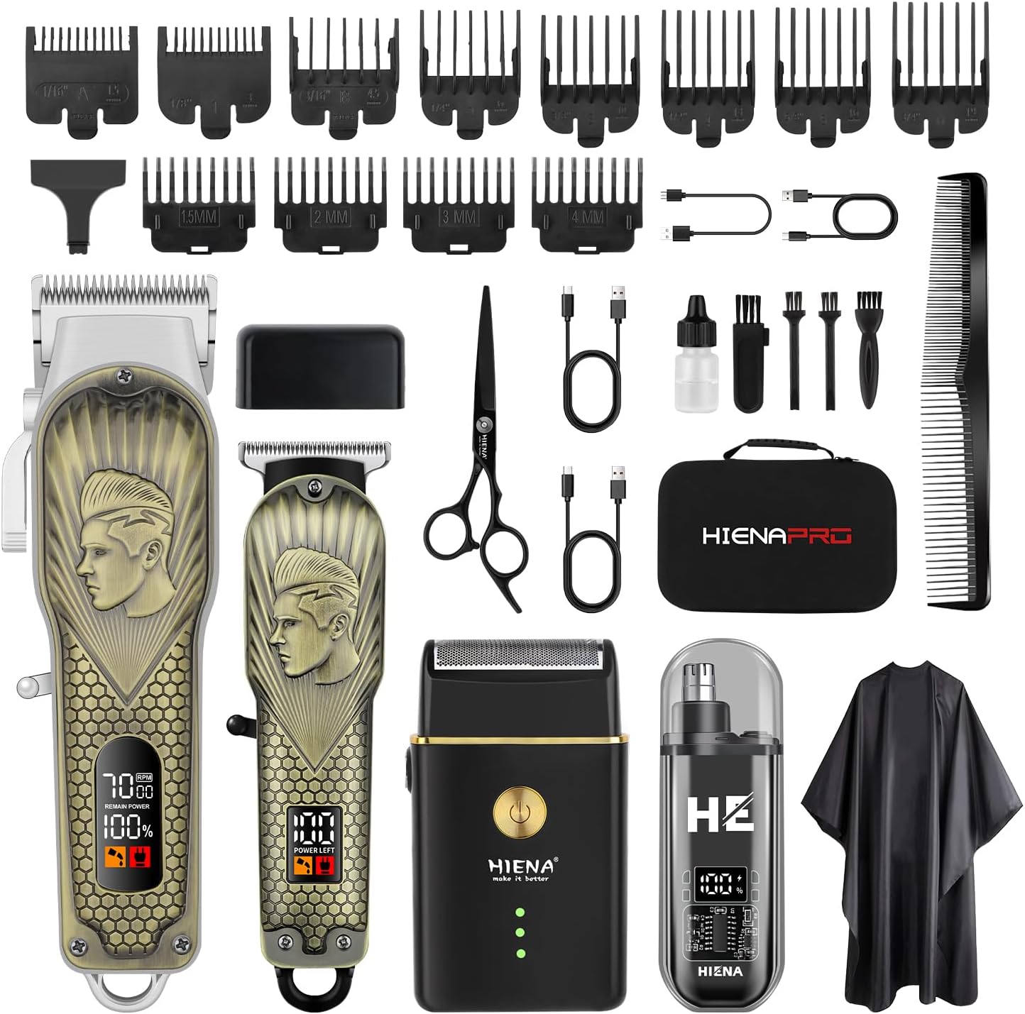 Detalle de HIENA PRO Professional Hair Clippers Cordless LED Haircut Set (Clipper, Trimmer, Foil Shaver, Nose Trimmer)