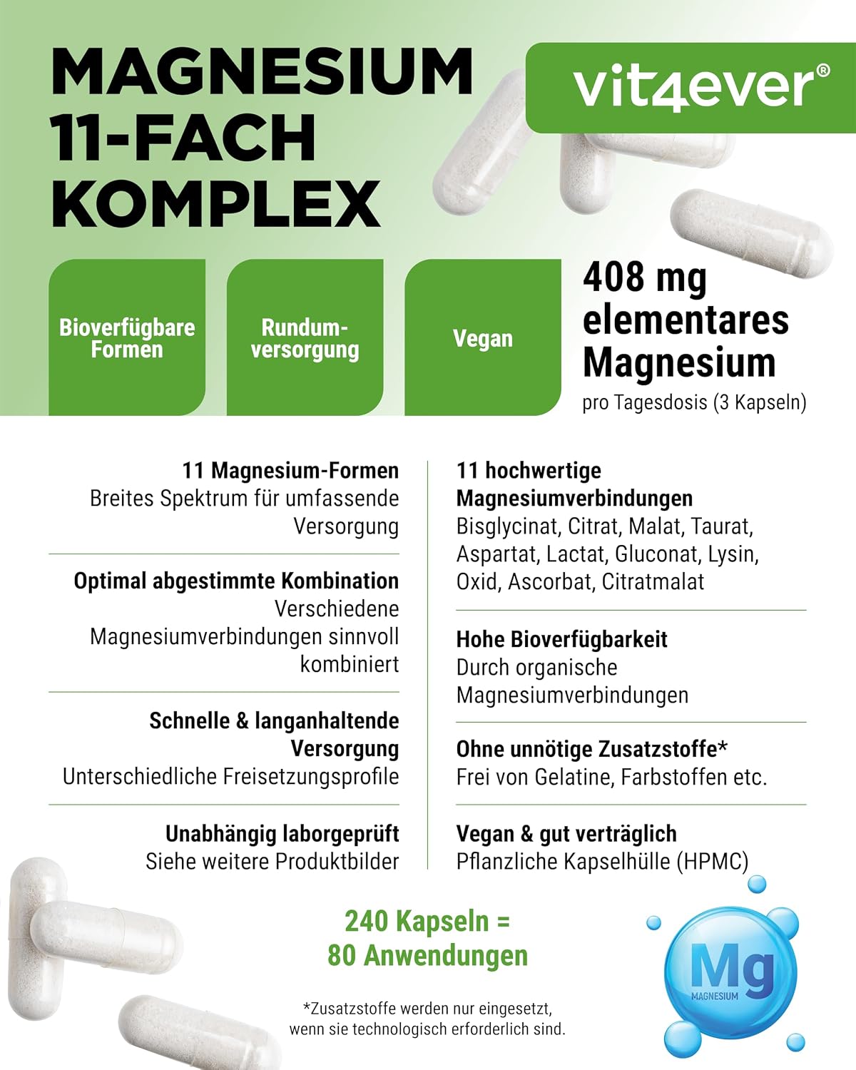 Thumbnail 2 de vit4ever Magnesium Komplex – 240 Kapseln mit 408 mg elementarem Magnesium täglich (vegan)