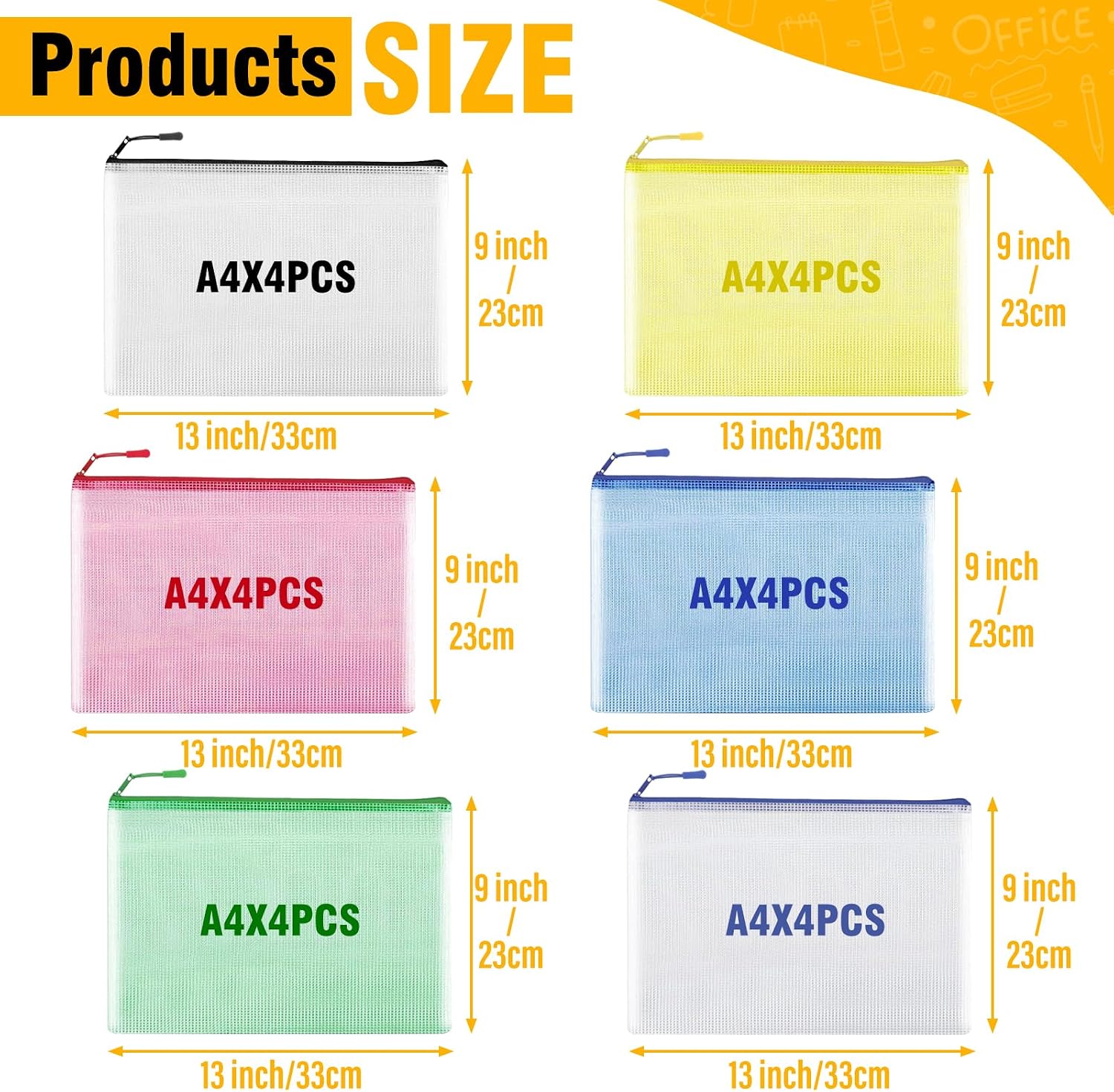 Detalle 2 de YOPCDJ A4 Mesh Zipper Pouches, 12-Pack PVC File Bags in 6 Colors