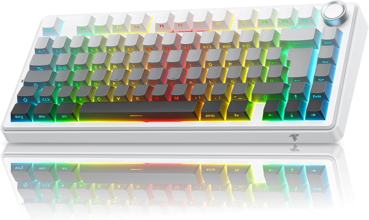 Detalle de TECURS 75% Gaming Tastatur Kabellos mit Hot-Swap, Drehknopf und PBT-Kappen – QWERTZ Gradient Grau