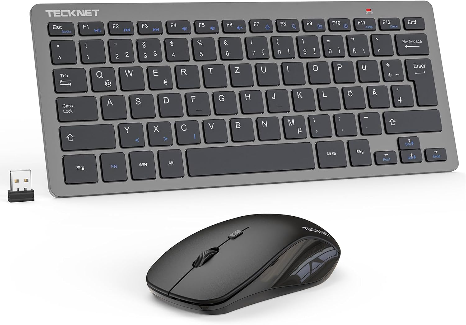 Detalle de TECKNET Kabelloses Tastatur-Maus-Set (Deutsch QWERTZ), 2,4 GHz, 15 m Reichweite, Leise Mini-Keyboard mit Maus – Grau