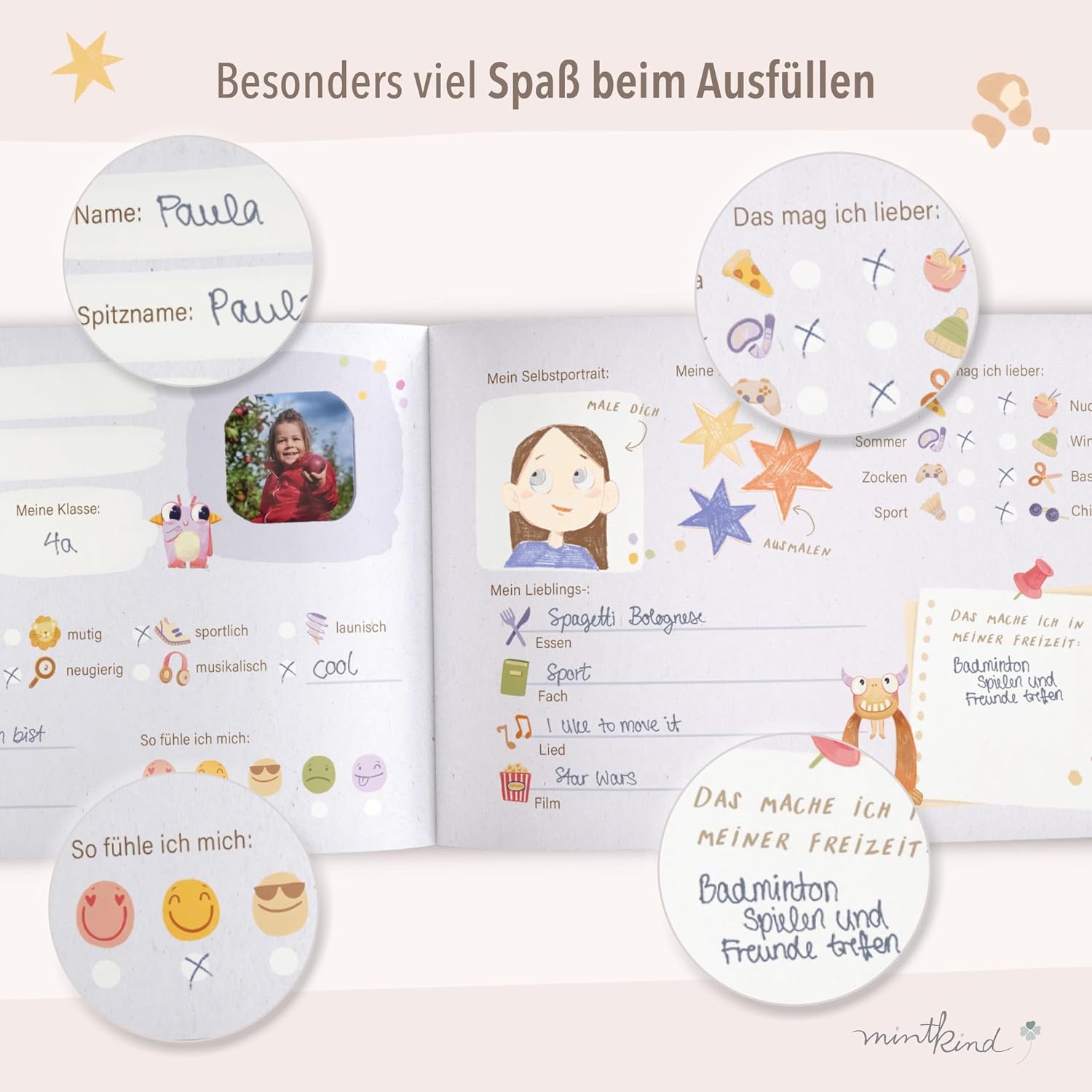 Thumbnail 3 de Mintkind Freundebuch Grundschule Smileys – Kreatives Erinnerungsbuch zur Einschulung mit Ausmalbildern, Fragen & Fotos