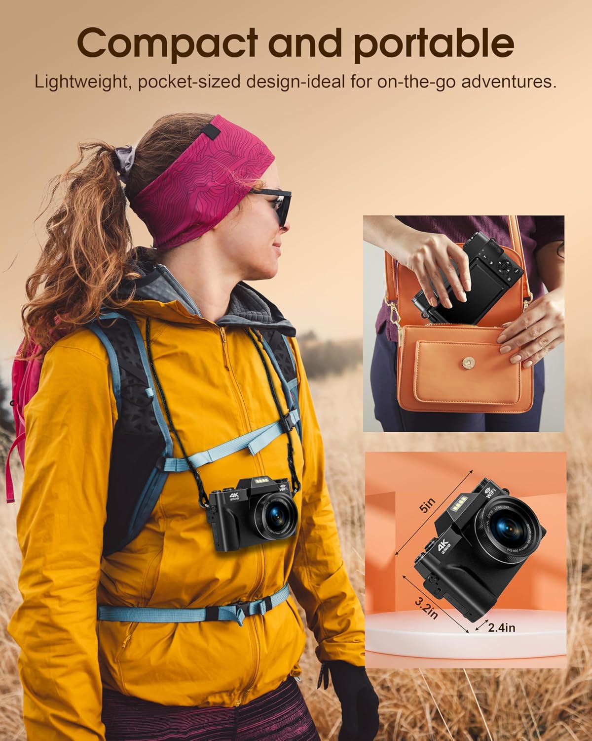 Thumbnail 6 de 4K 75MP Autofocus Camera with WiFi, 3" 180° Flip Screen and 16x Digital Zoom — Ideal for Travel & Beginners
