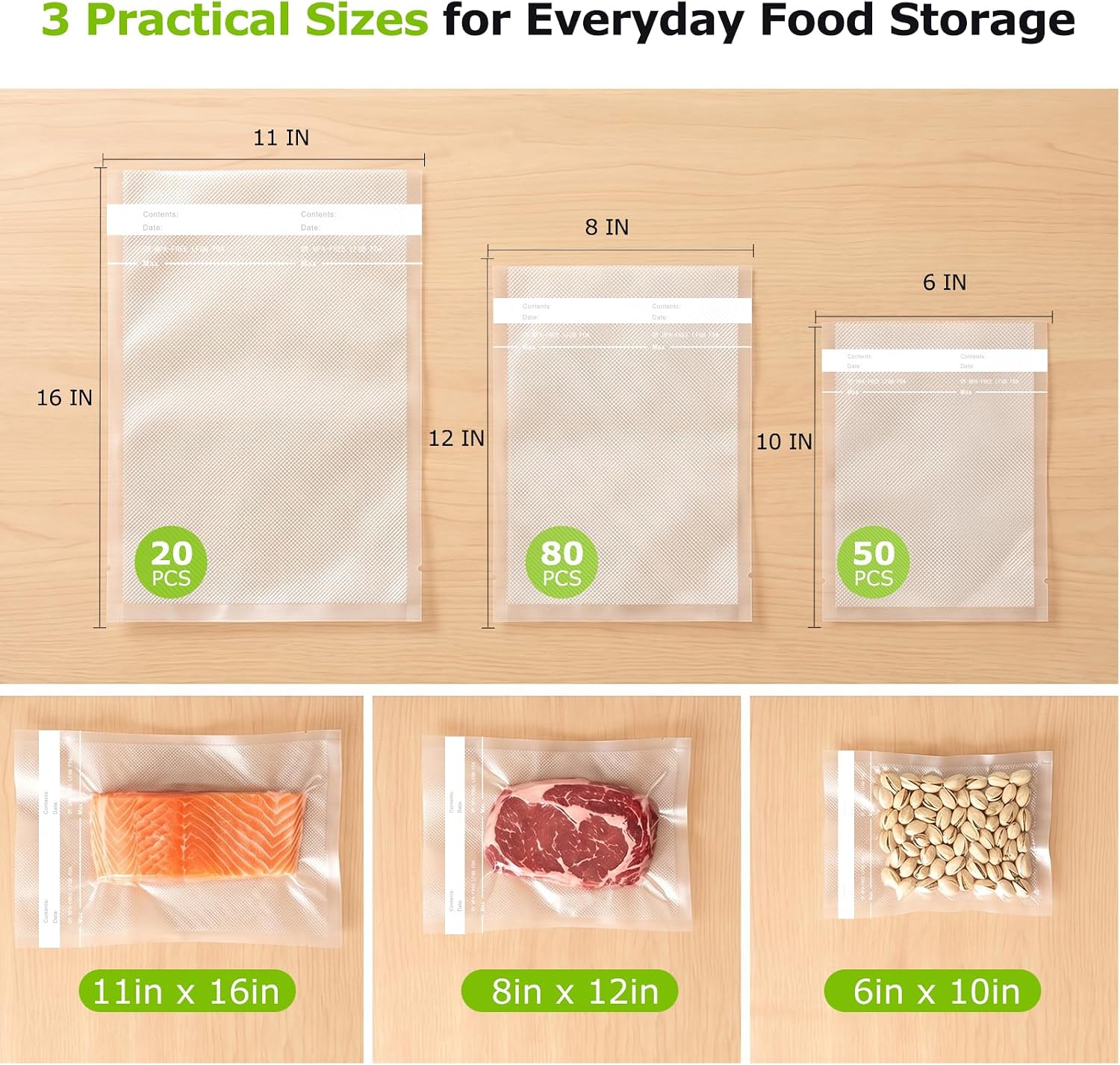 Detalle 2 de Bonsenkitchen VB17 Vacuum Sealer Bags, 150 Precut Bags in 3 Sizes