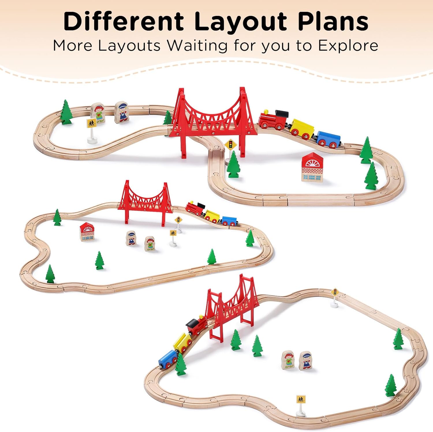 Detalle 2 de SainSmart Jr. ensemble de trains en bois pour tout-petits (37 pièces) – Rails double face extensibles compatibles Brio/Thomas/Melissa & Doug