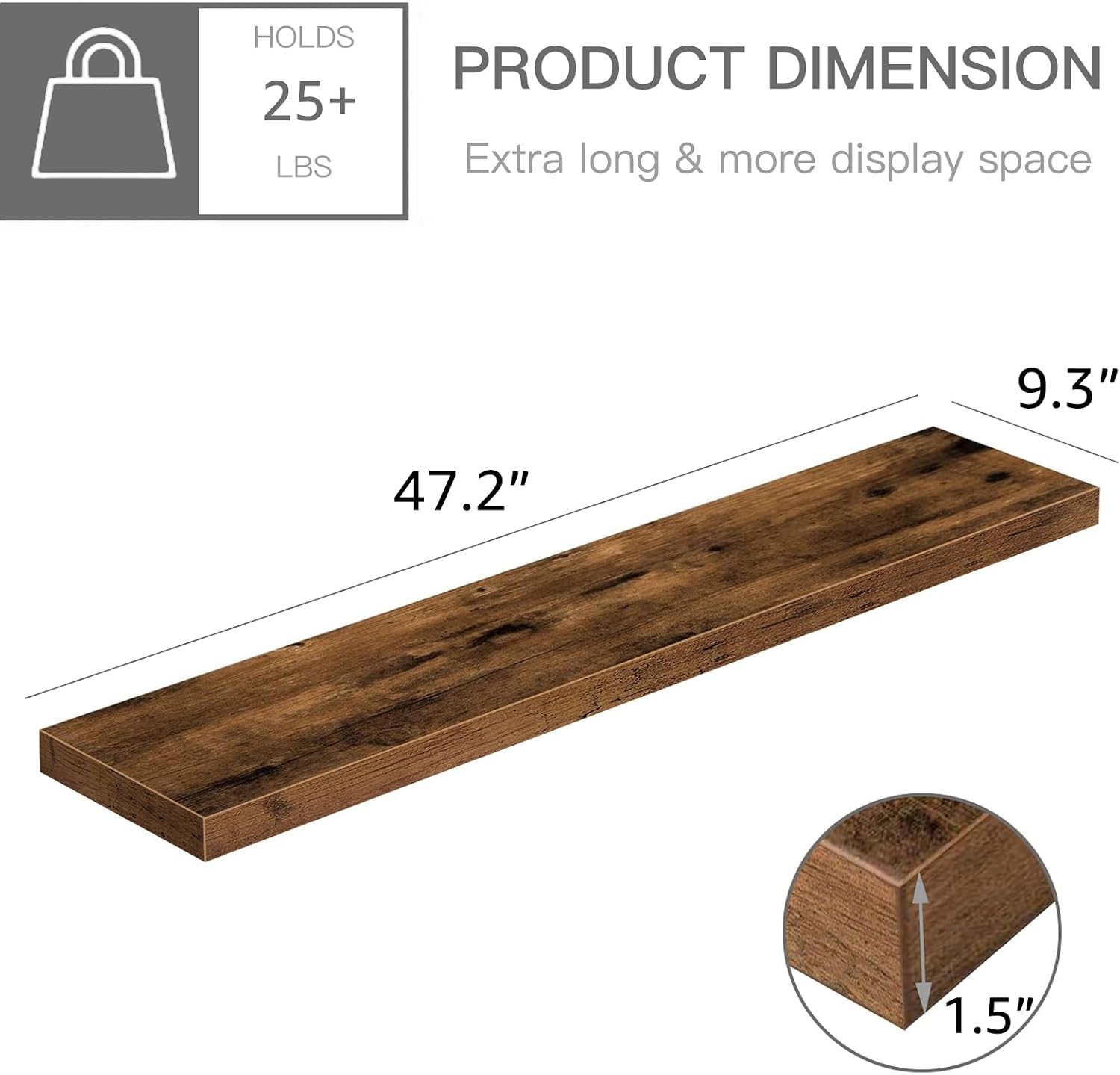 Detalle de QEEIG Extra Long Floating Wall Shelves, Brown MDF, Set of 2