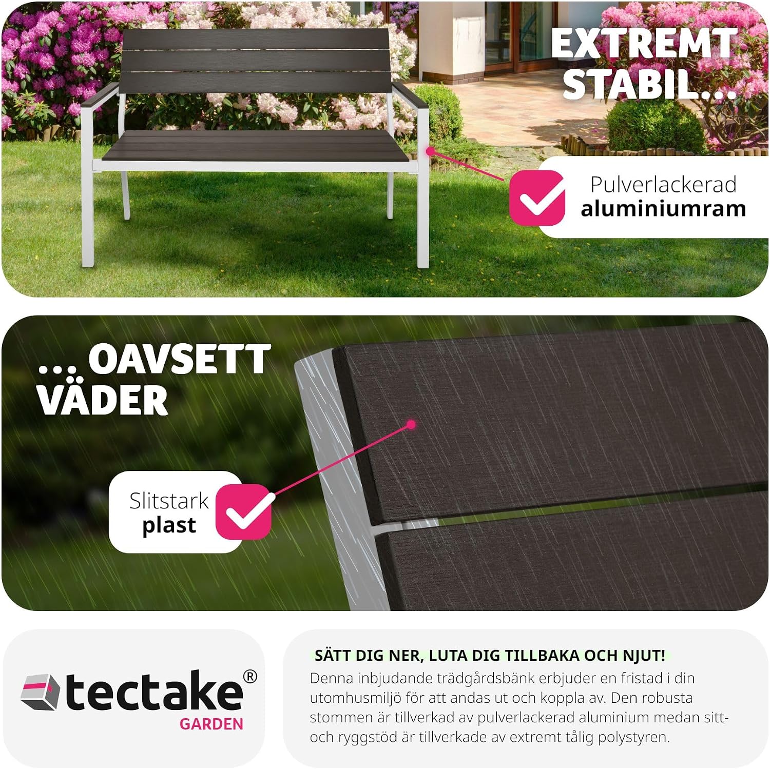 Detalle de tectake 403547-SE trädgårdsbänk för två med aluminiumram och träoptik