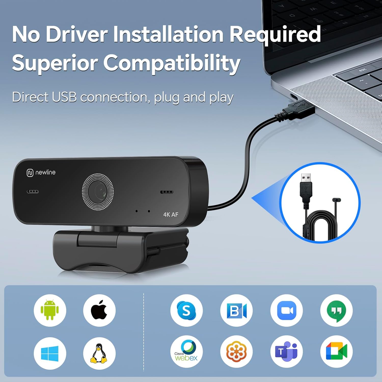 Thumbnail 5 de N newline 4K Webcam for PC with Dual Mics, Privacy Cover and Tripod