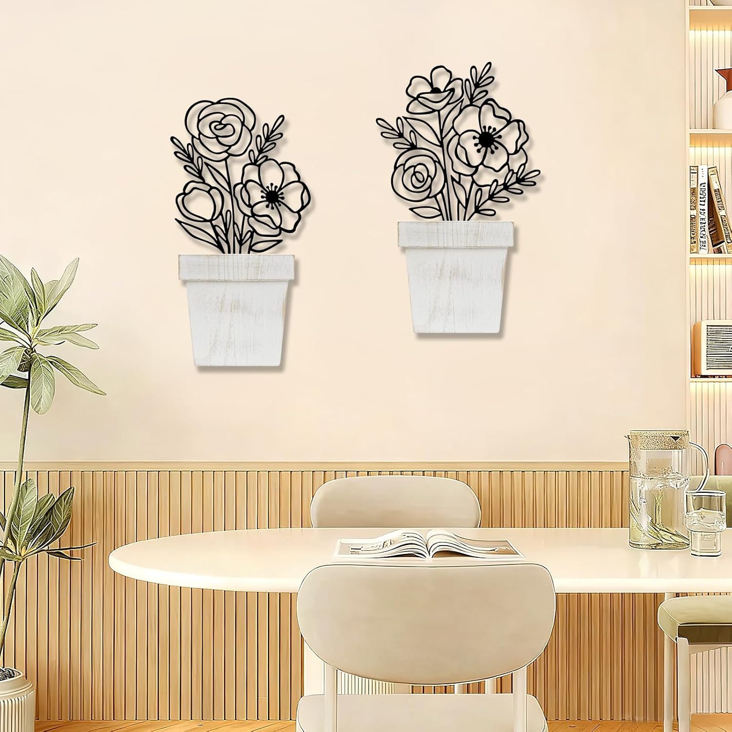 Detalle de YiYa 2 Pcs Metal Flowers Wall Arts – Beige Minimalist Floral Line Wall Sculptures