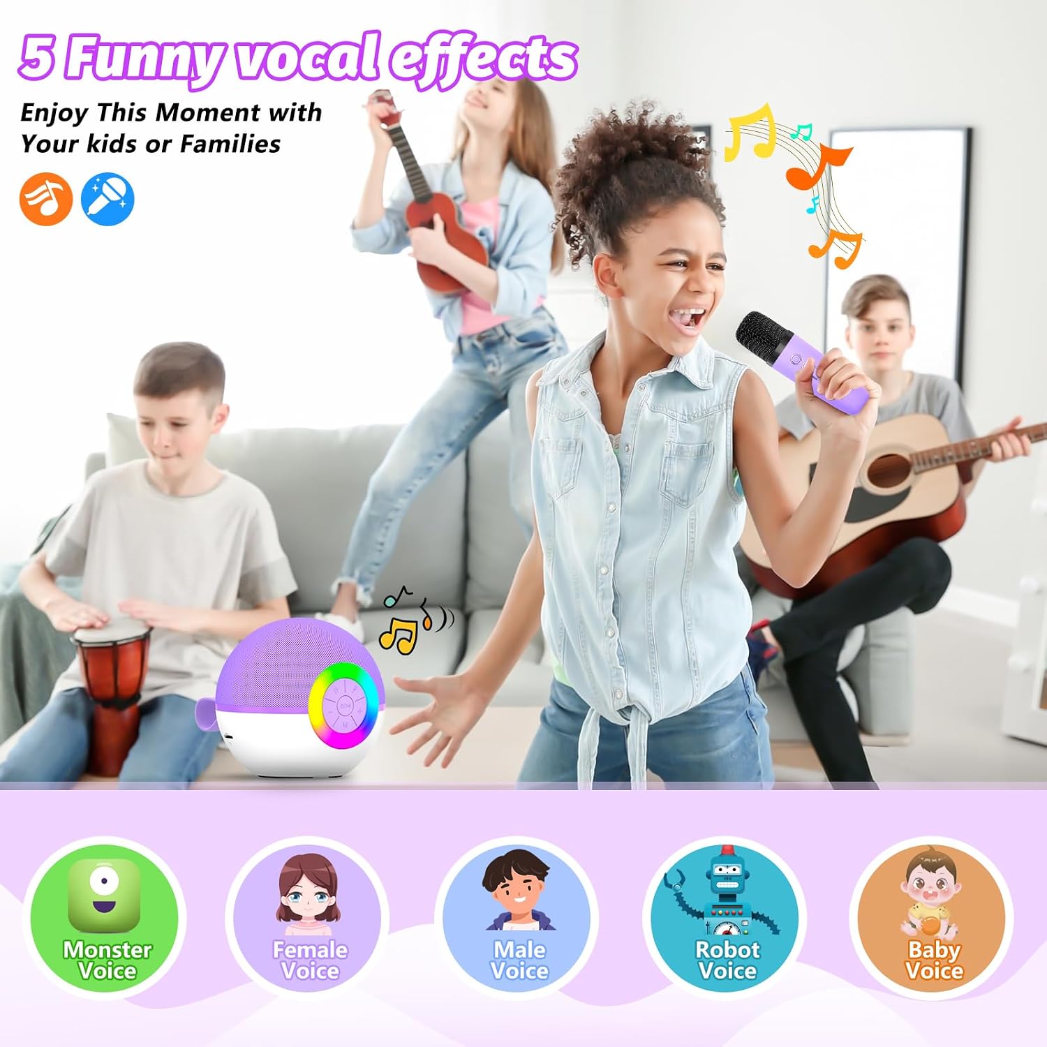 Detalle de goopow T97 Mini Karaoke Machine with Bluetooth, Two Wireless Microphones and LED Lights