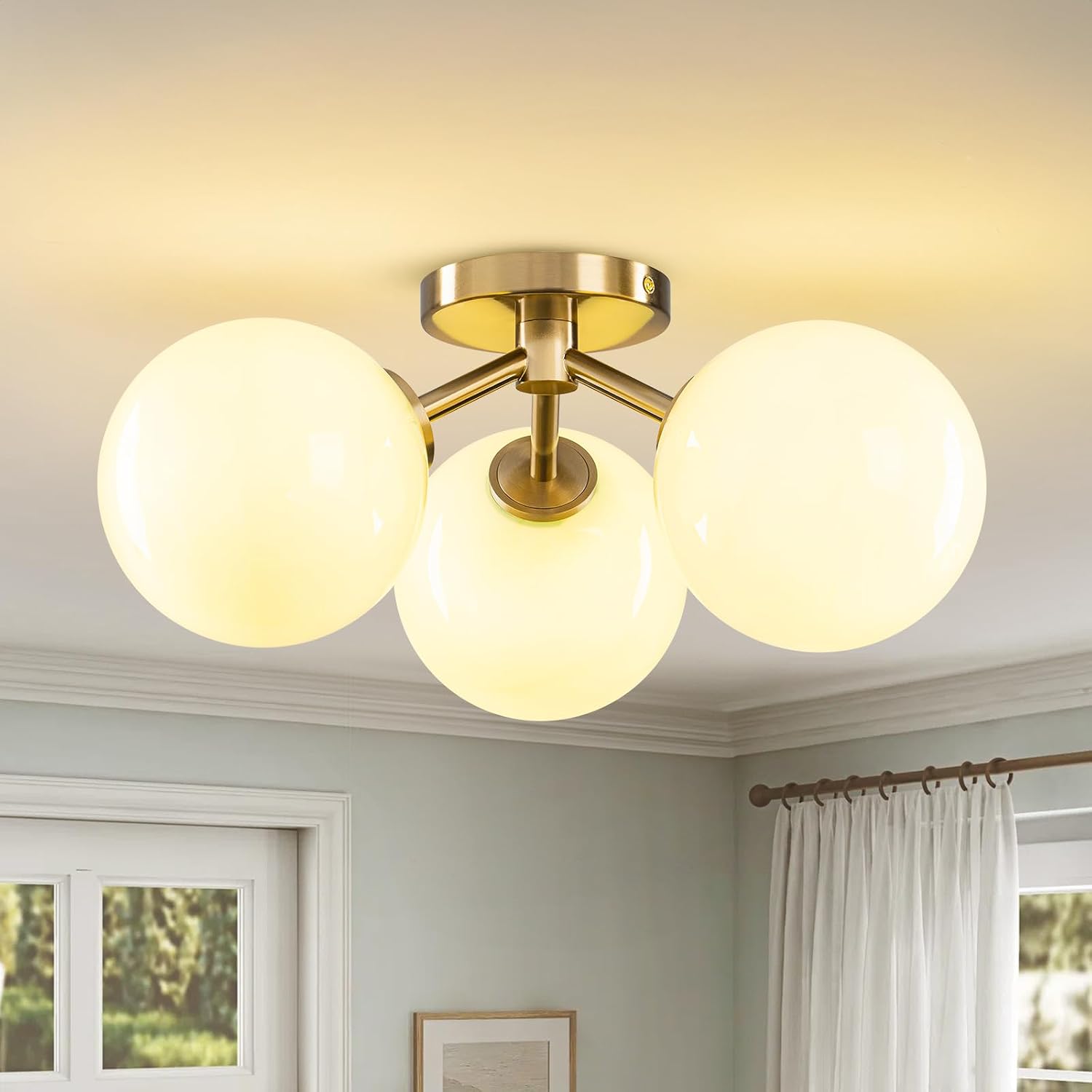 Thumbnail 1 de Kunlinzhu Green Globe Semi-Flush Ceiling Light with 3 Opal Glass Shades