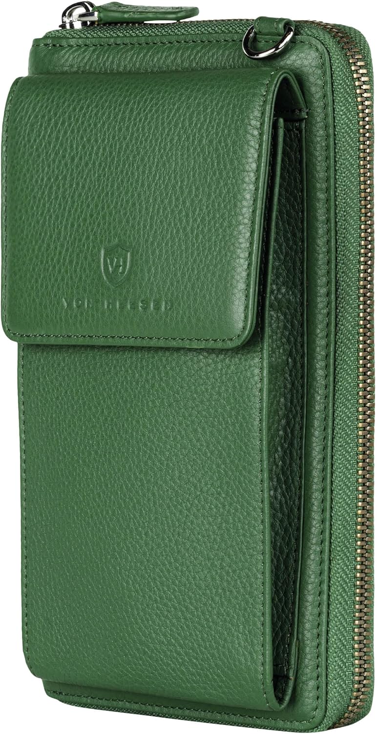 Detalle de VON HEESEN Leder Handy-Geldbörse mit RFID-Schutz – Grüne Echtleder-Handytasche mit Wallet-Funktion für Damen & Herren