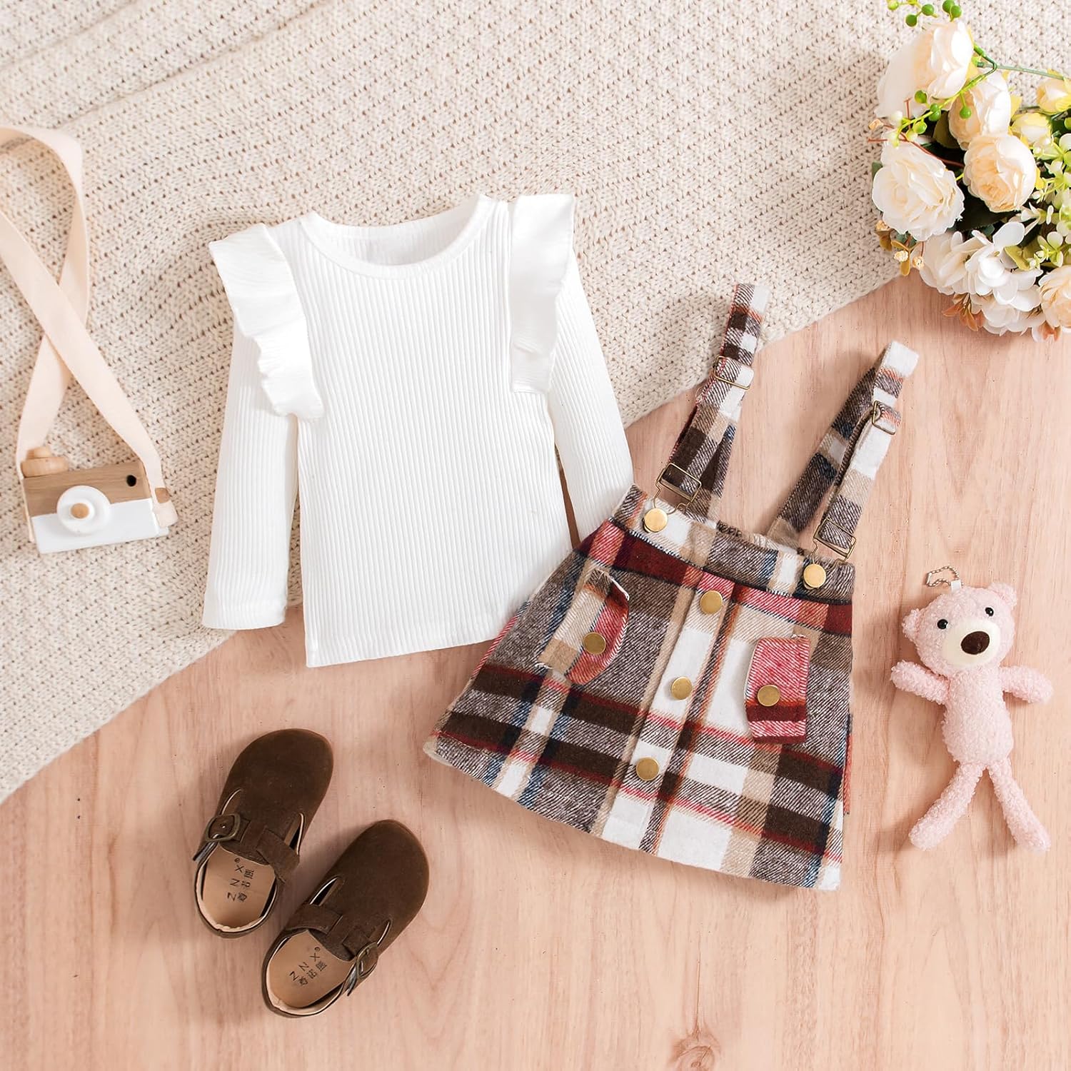 Thumbnail 1 de HPSOM Toddler Baby Girl Skirt Set: Long Sleeve Ruffled Top with Plaid Suspender Skirt
