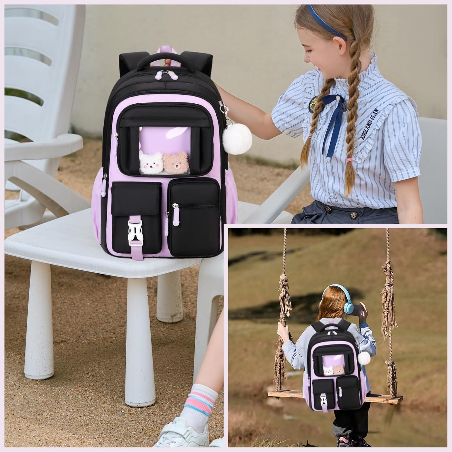 Detalle 2 de Bansusu Kawaii Girls Backpack for Kids – 26L School Daypack (B552-Black+Pink)