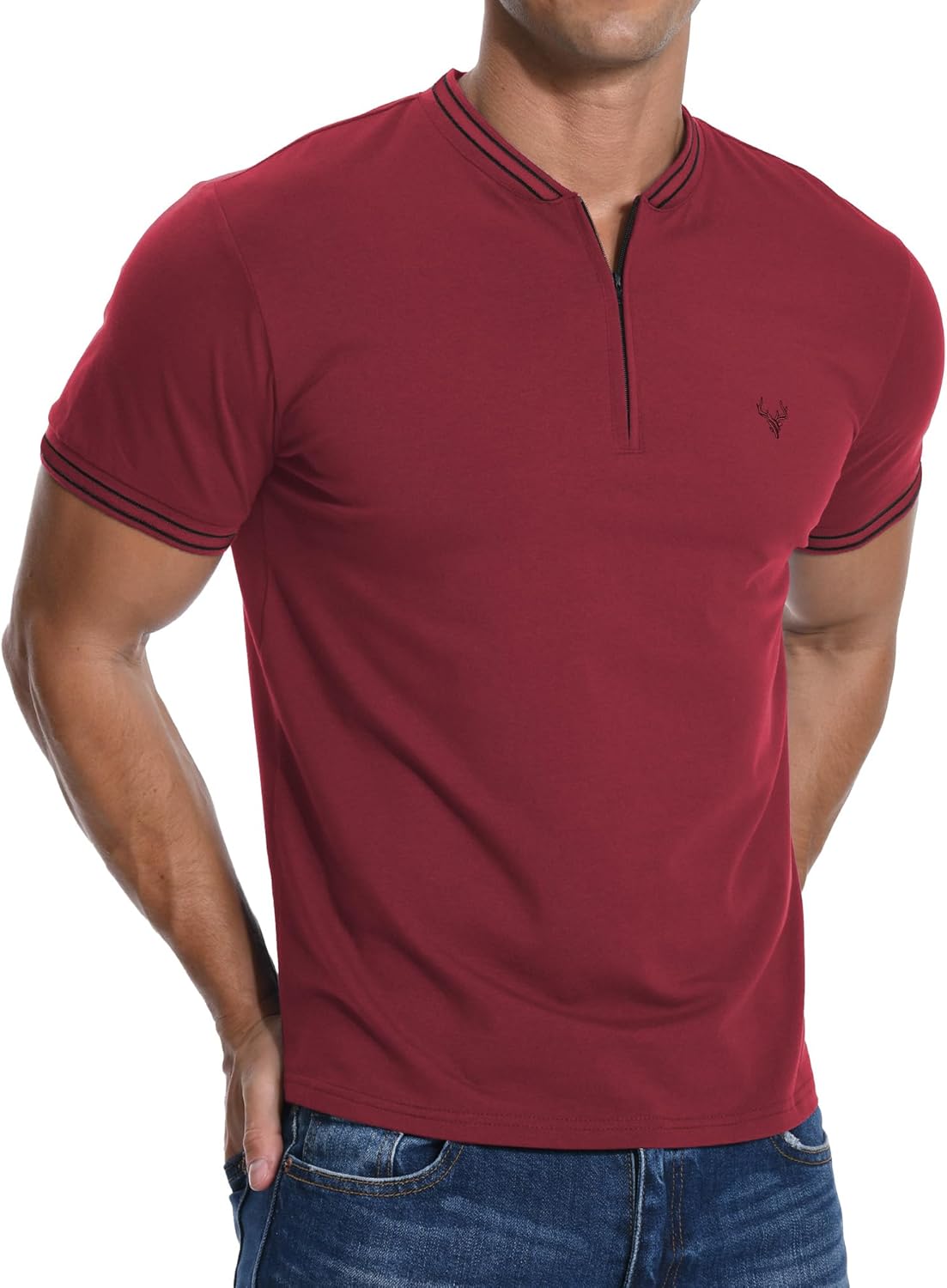 Detalle de PCEAIIH Men's Henley T-Shirt with Zip Stand Neck and Deer Head Embroidery
