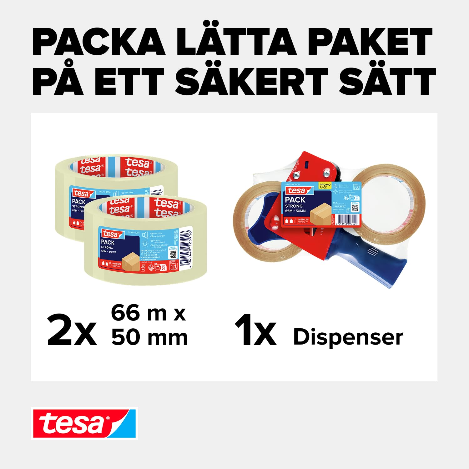 Detalle de tesa tesapack STRONG packtejpset med handdispenser, 2 rullar 66 m x 50 mm