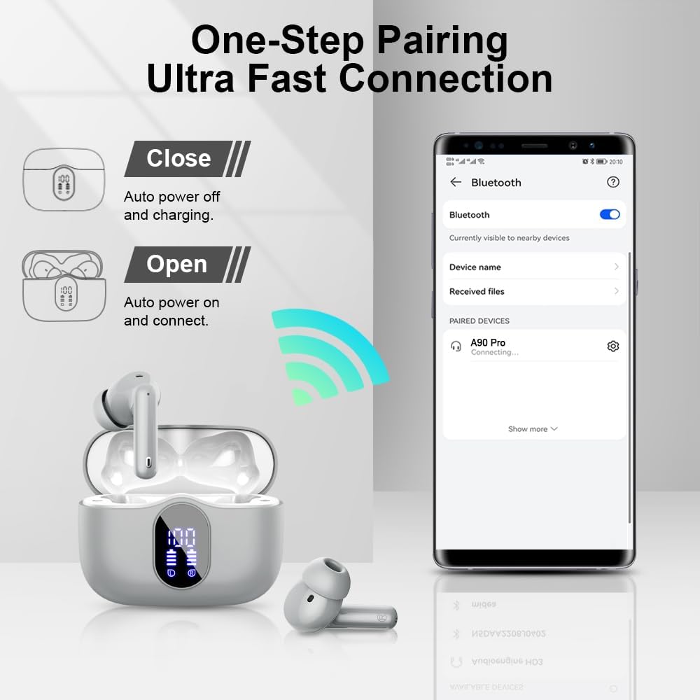 Detalle de Btootos Wireless Earbuds with Bluetooth 5.3, IP7 Waterproof, 36H Playtime, LED Display
