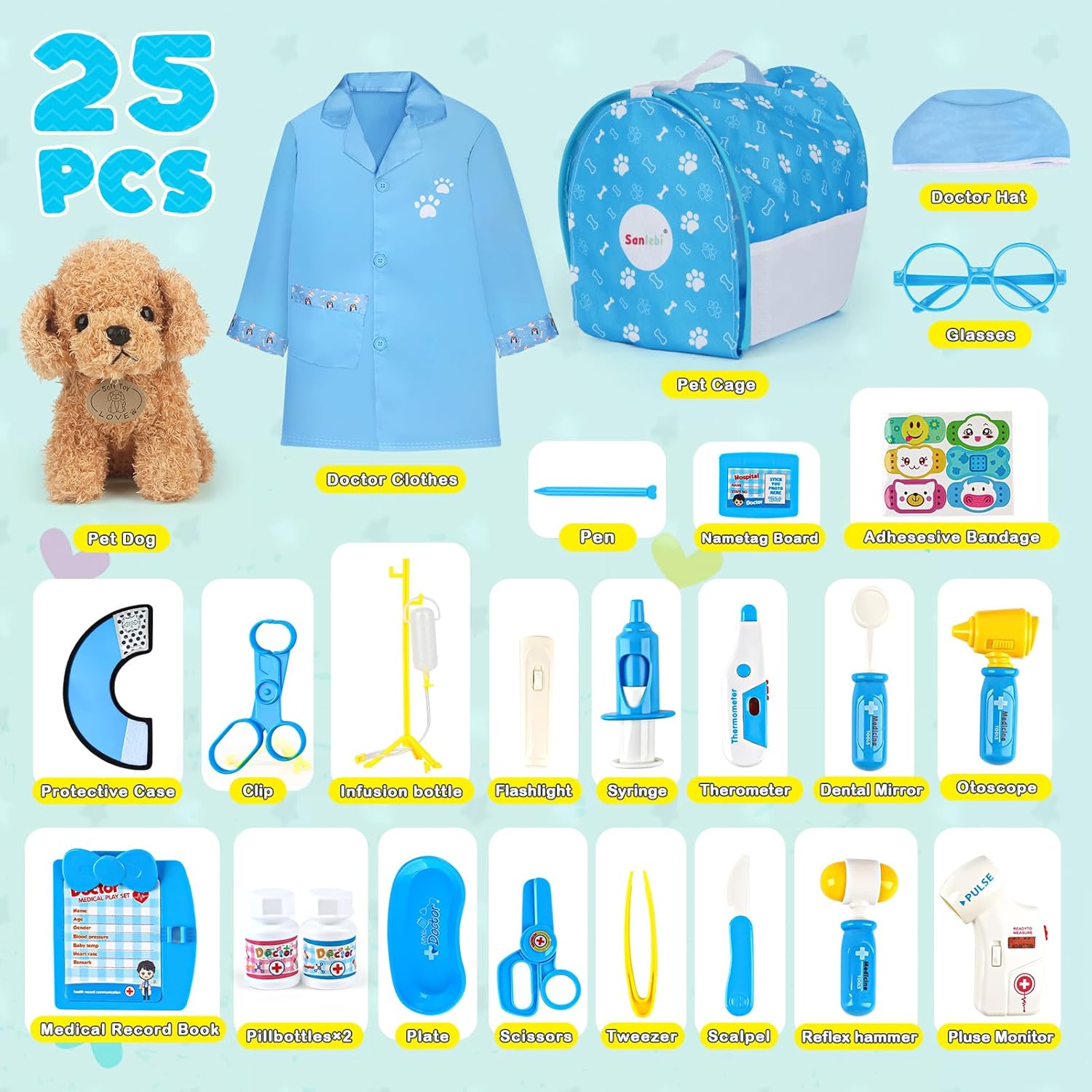Thumbnail 6 de Sanlebi Doctors Set for Kids – Children’s Pet Vet Care Play Set with Doctor Costume, Plush Dog & 25-Piece Medical Kit (Blue)