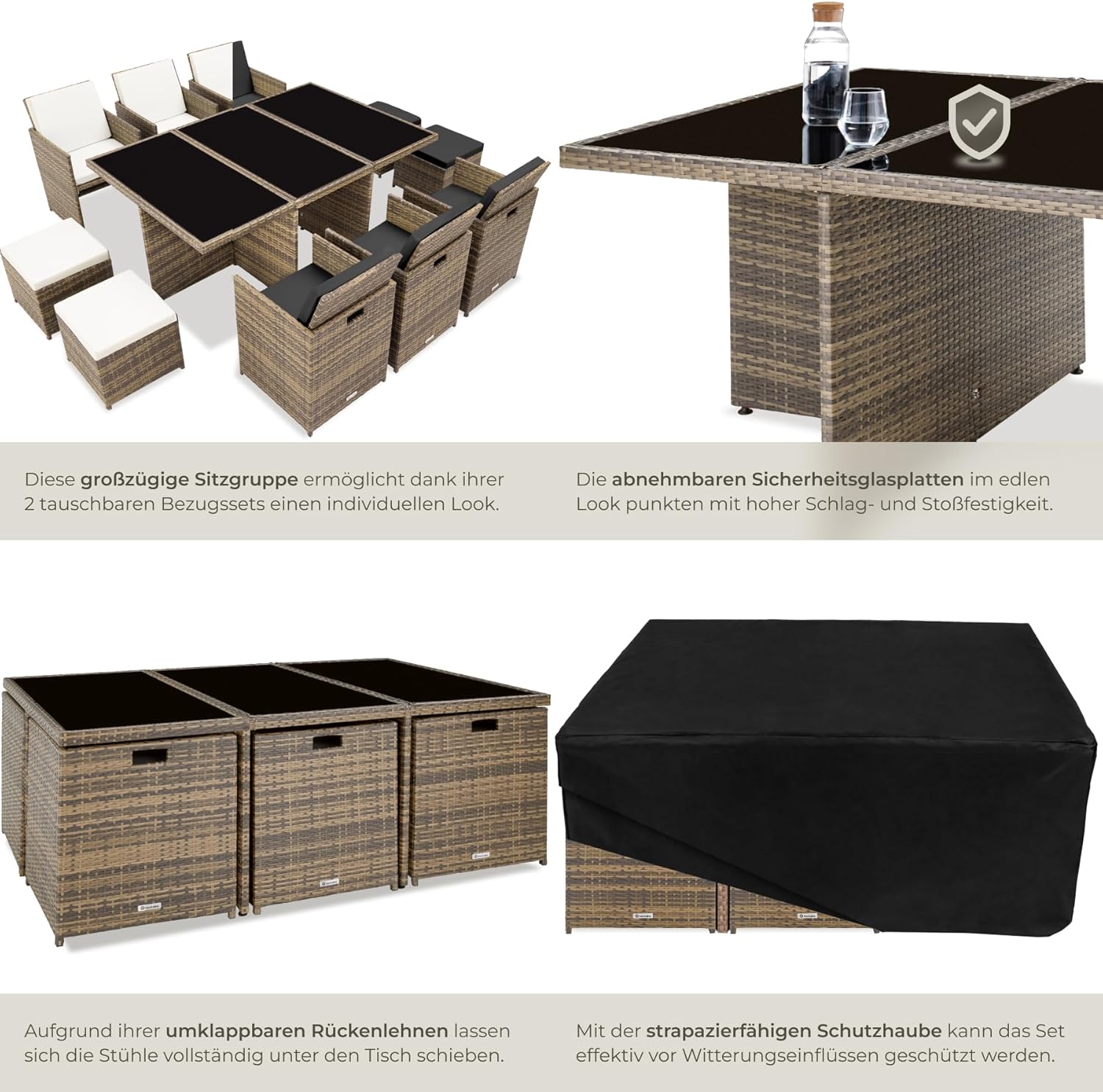 Detalle 2 de tectake® Polyrattan Gartenmöbel Set: Lounge-Set mit 6 Stühlen, Glas-Tischplatte und 4 Hockern – klappbar, Aluminium-Gestell, inkl. 2 Bezugssets (Natur)