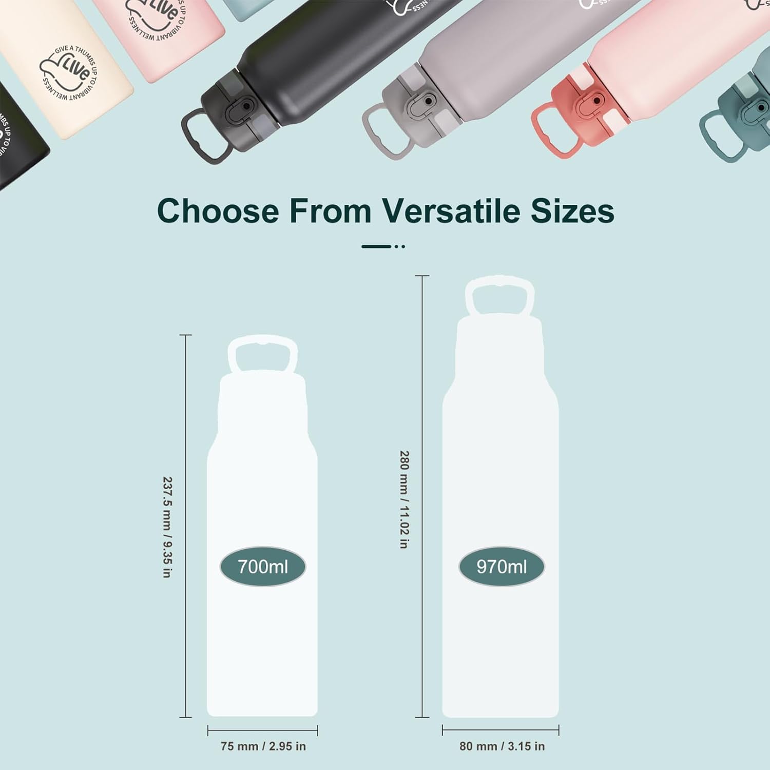 Thumbnail 1 de UZSPACE Stainless Steel Water Bottle 1l (970ml) – Double-Walled, Leakproof, Mint Green