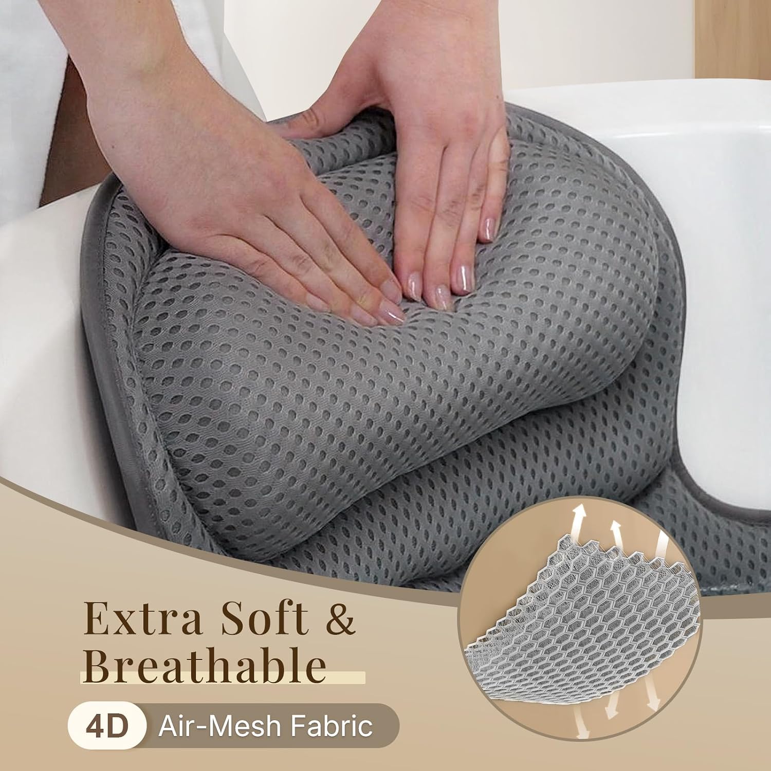 Detalle de Ozyalo 1016 Bath Pillow, Gray 4D Mesh with Padded Headrest