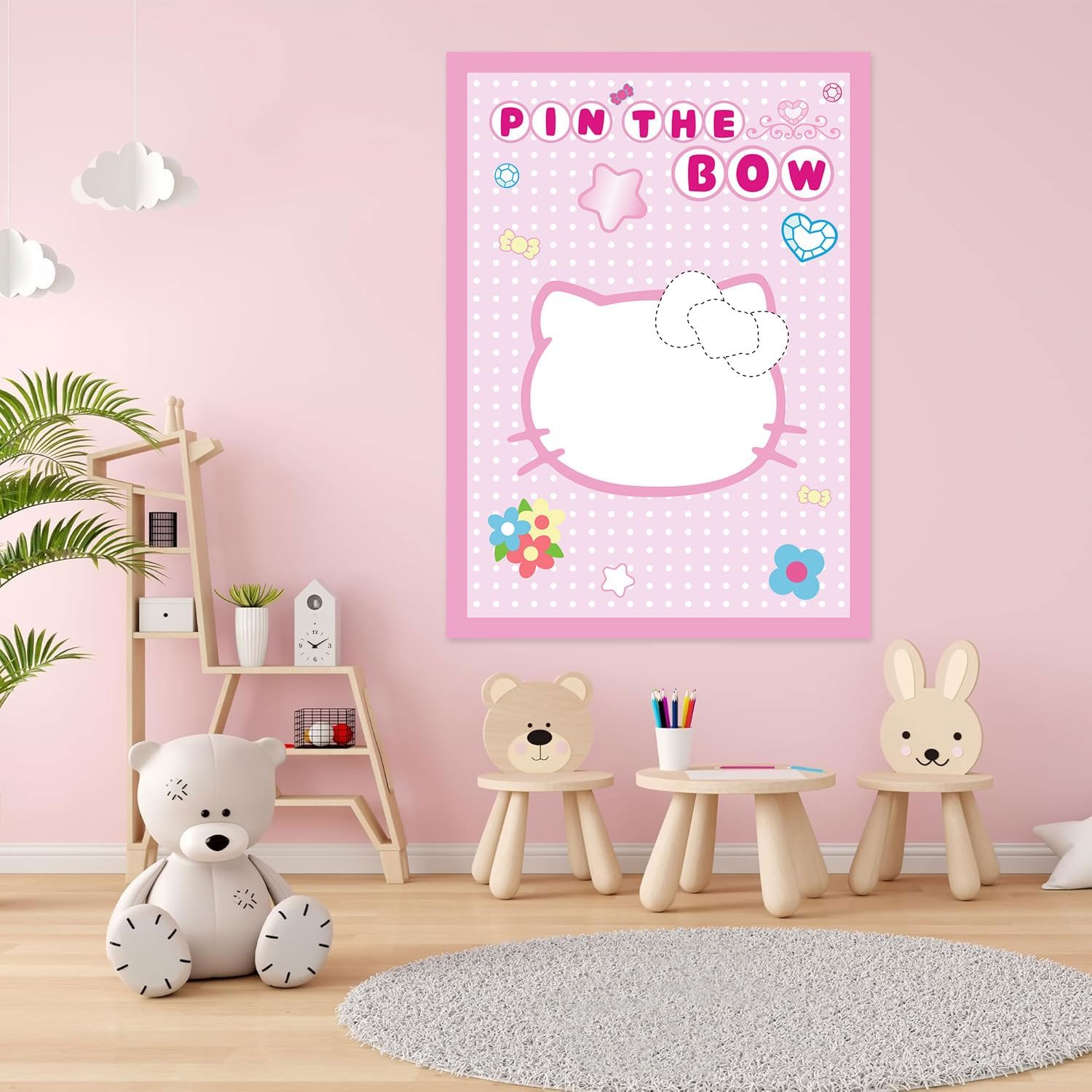Thumbnail 6 de Cute Pink Cats Birthday Party Decoration Game: Pin the Bow on the Cat (24 Stickers + Poster)