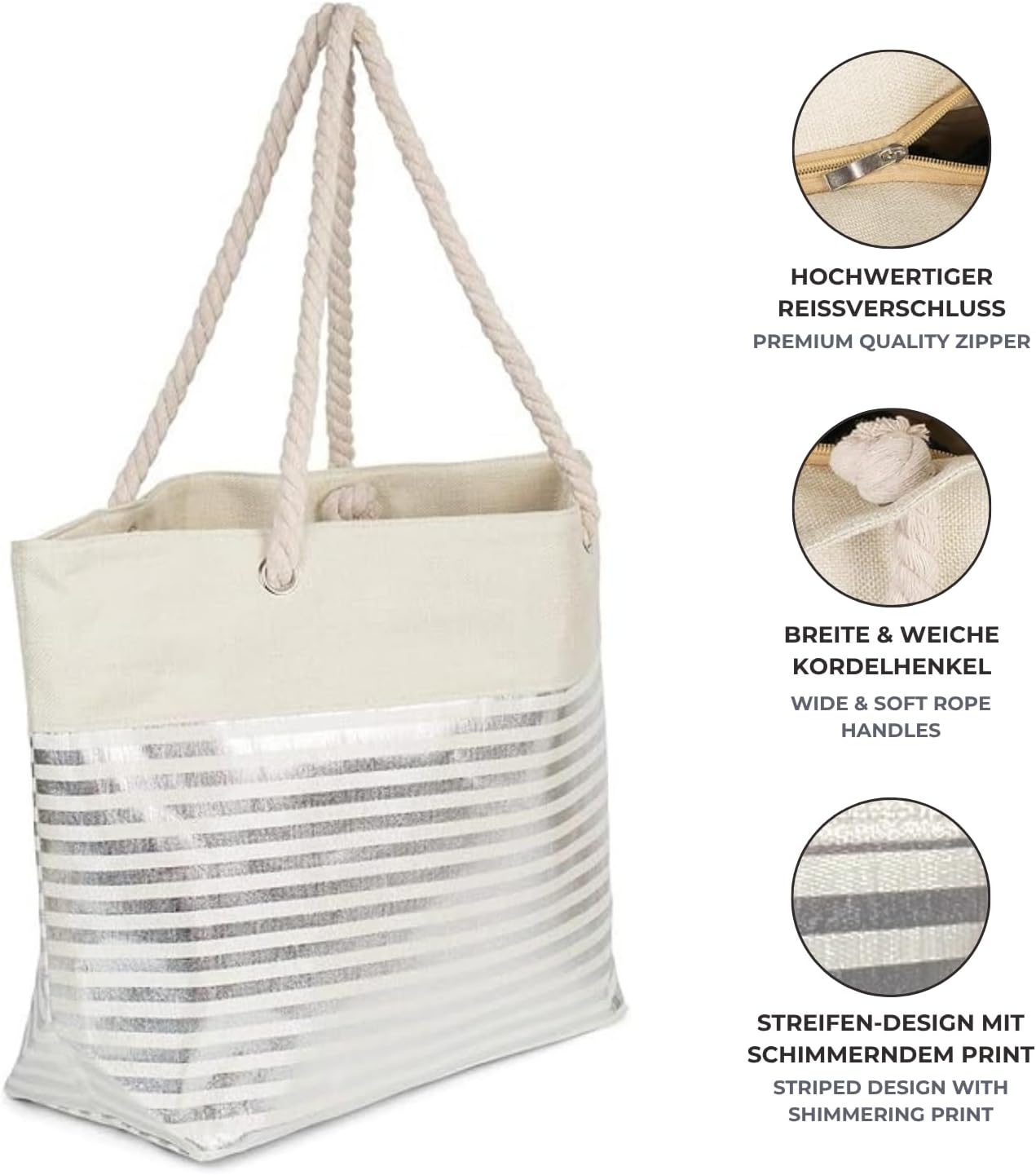 Detalle de styleBREAKER Borsa da spiaggia XXL con stampa a righe metalliche e cerniera – Beige-Oro