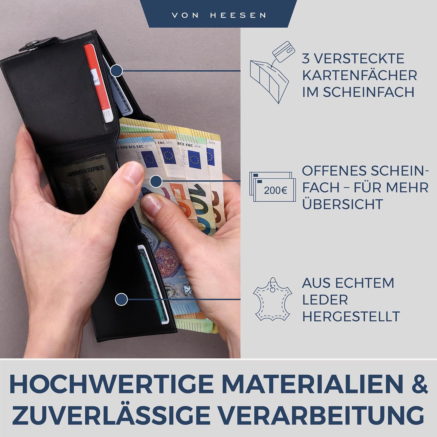 Thumbnail 3 de VON HEESEN Slim Wallet mit XL Münzfach & RFID-Schutz – kleine Leder-Geldbörse für Karten & Bargeld (Schwarz, glatt)