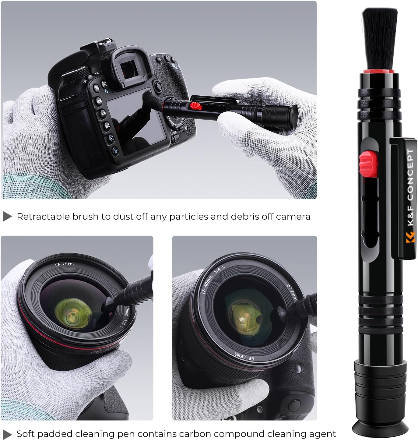 Detalle de K&F CONCEPT Lens Cleaning Pen (two-in-one brushes & carbon tips) for camera lens and filters