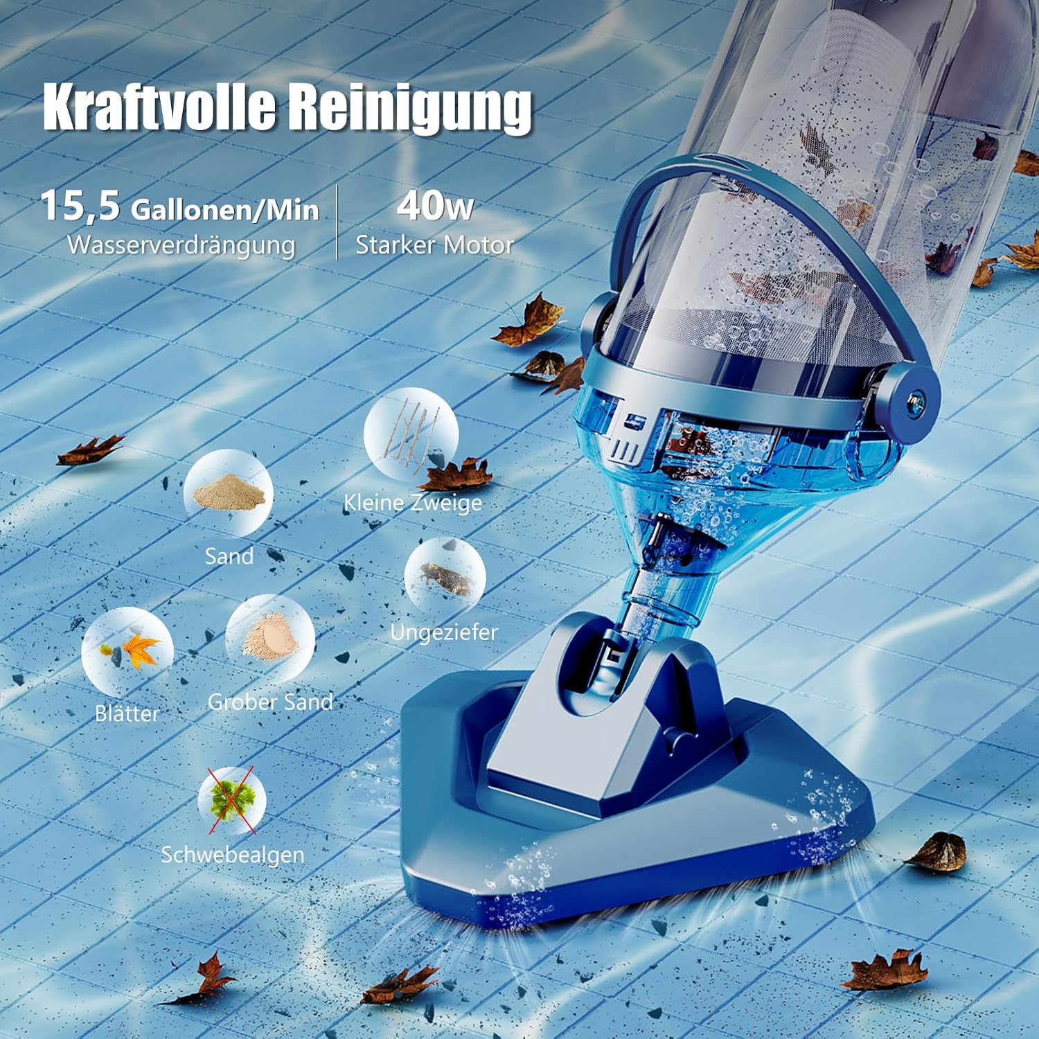 Detalle 2 de Enhulk Akku-Poolsauger mit Teleskopstange (bis zu 60 Minuten, 222 cm) und 4 Filtereinsätzen