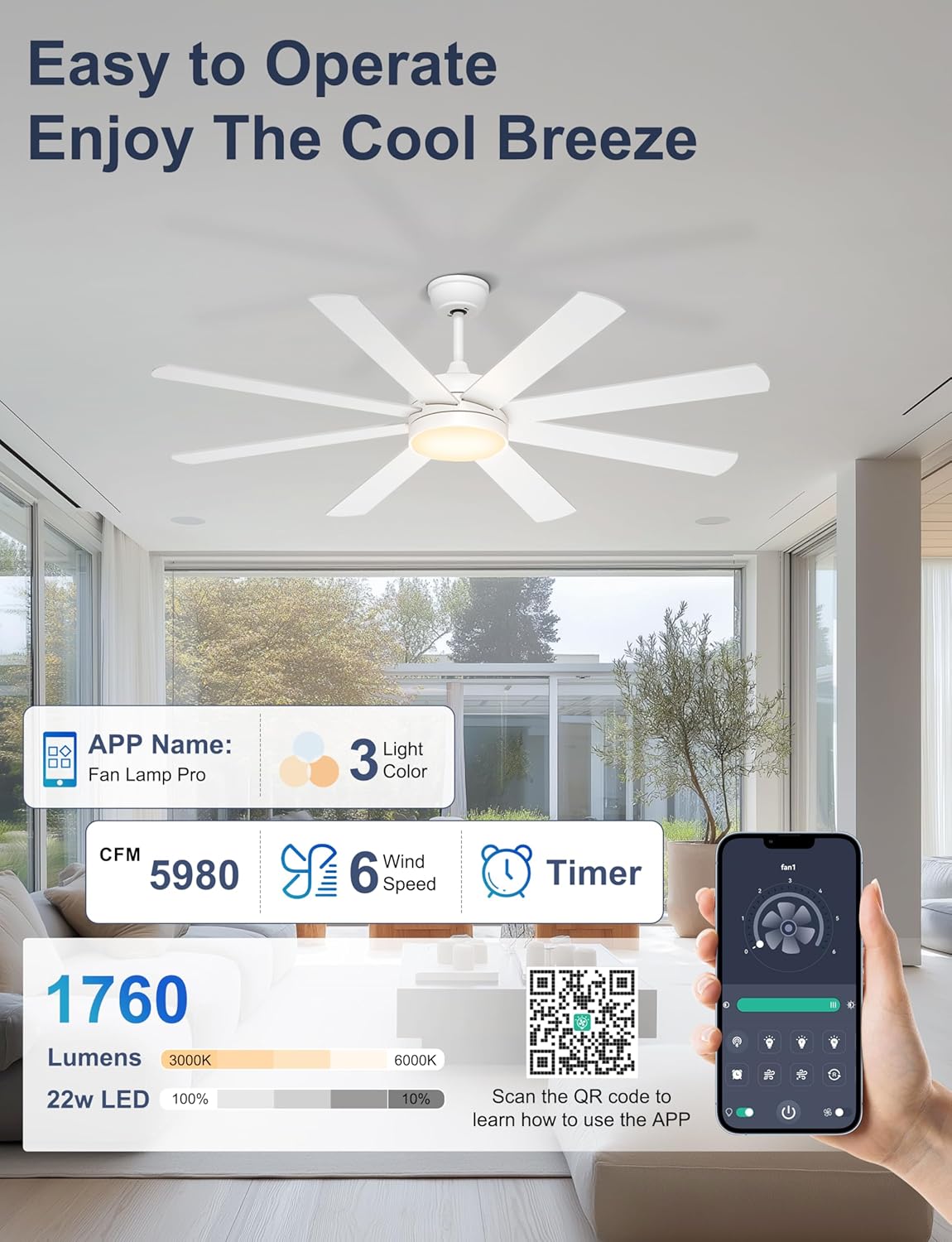 Detalle 2 de Ohniyou Ventilatore da Soffitto 152 cm con Luce: silenzioso, reversibile e controllabile via telecomando/app