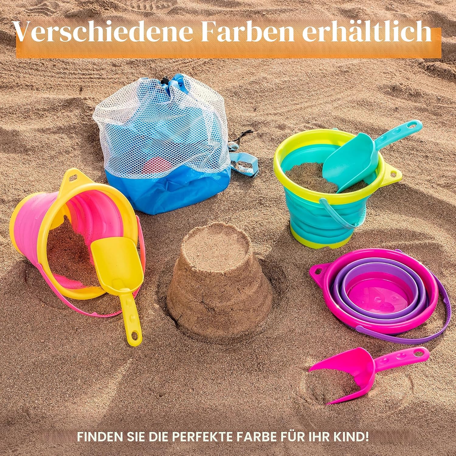 Thumbnail 2 de JOYIN 3er Set faltbare Strand-Eimer mit Netz-Rucksack – Sandkastenspielzeug für Kinder