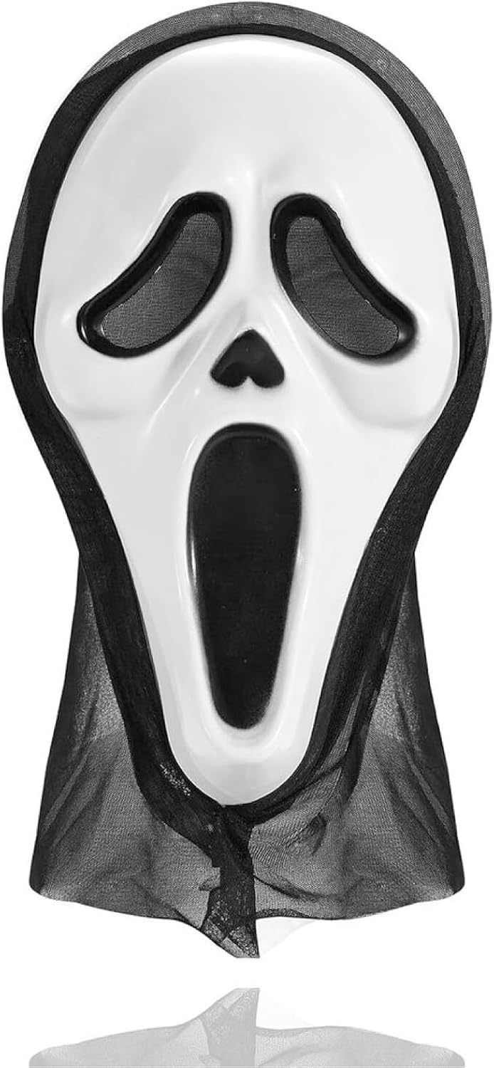 Detalle de TK Gruppe Ghostface-spookmasker met zwarte stof voor Halloween en carnaval