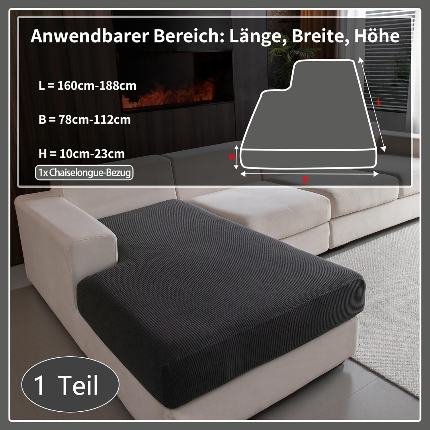 Thumbnail 1 de OHSIO Stretch Sofa Sitzkissenbezug für Chaiselongue – rutschfester, waschbarer Sofabezug in Dunkelgrau